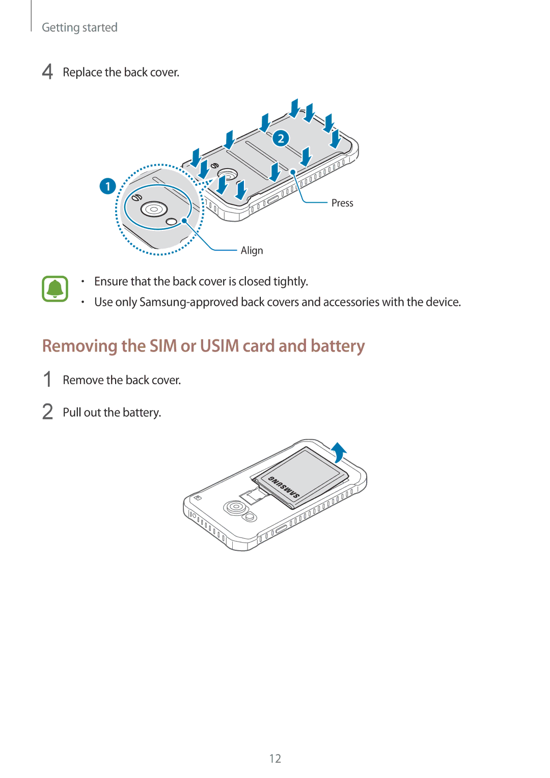 Samsung SM-G388FDSAXEO, SM-G388FDSAPLS, SM-G388FDSASEB, SM-G388FDSADPL manual Removing the SIM or Usim card and battery 