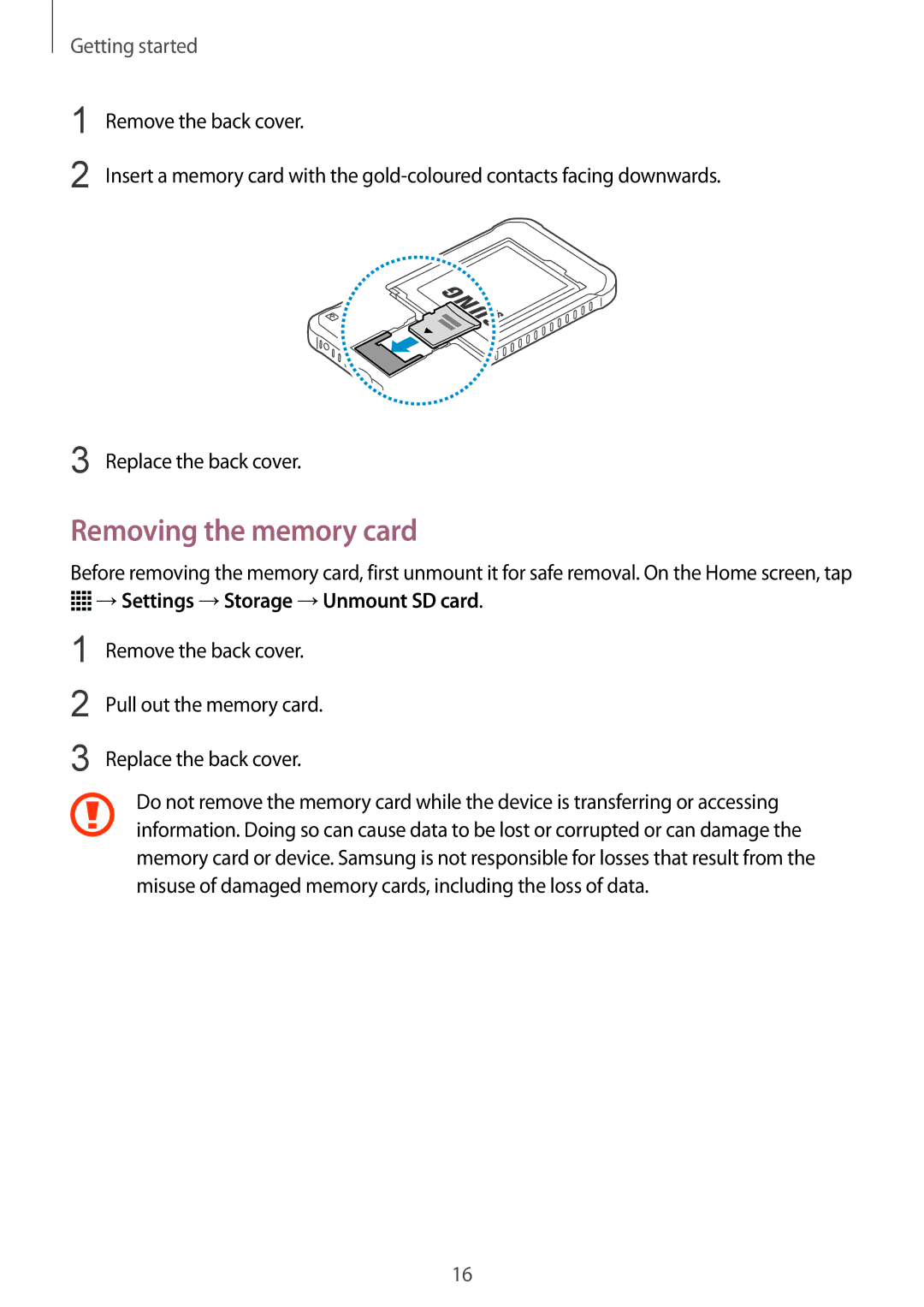 Samsung SM-G388FDSAXEF, SM-G388FDSAPLS, SM-G388FDSASEB manual Removing the memory card, →Settings →Storage →Unmount SD card 