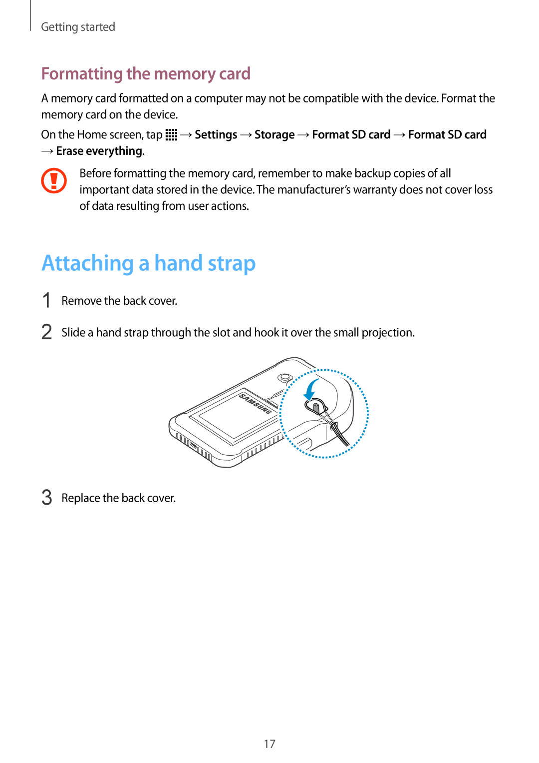 Samsung SM-G388FDSAFTM, SM-G388FDSAPLS manual Attaching a hand strap, Formatting the memory card, → Erase everything 