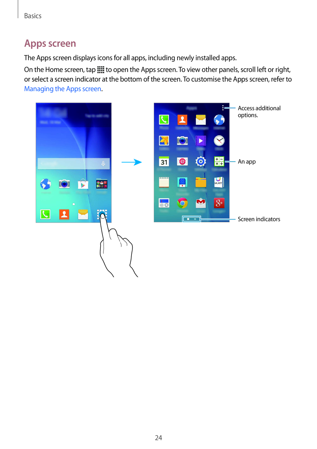 Samsung SM-G388FDSAPHE, SM-G388FDSAPLS, SM-G388FDSASEB, SM-G388FDSADPL, SM-G388FDSADBT, SM-G388FDSACYV manual Apps screen 