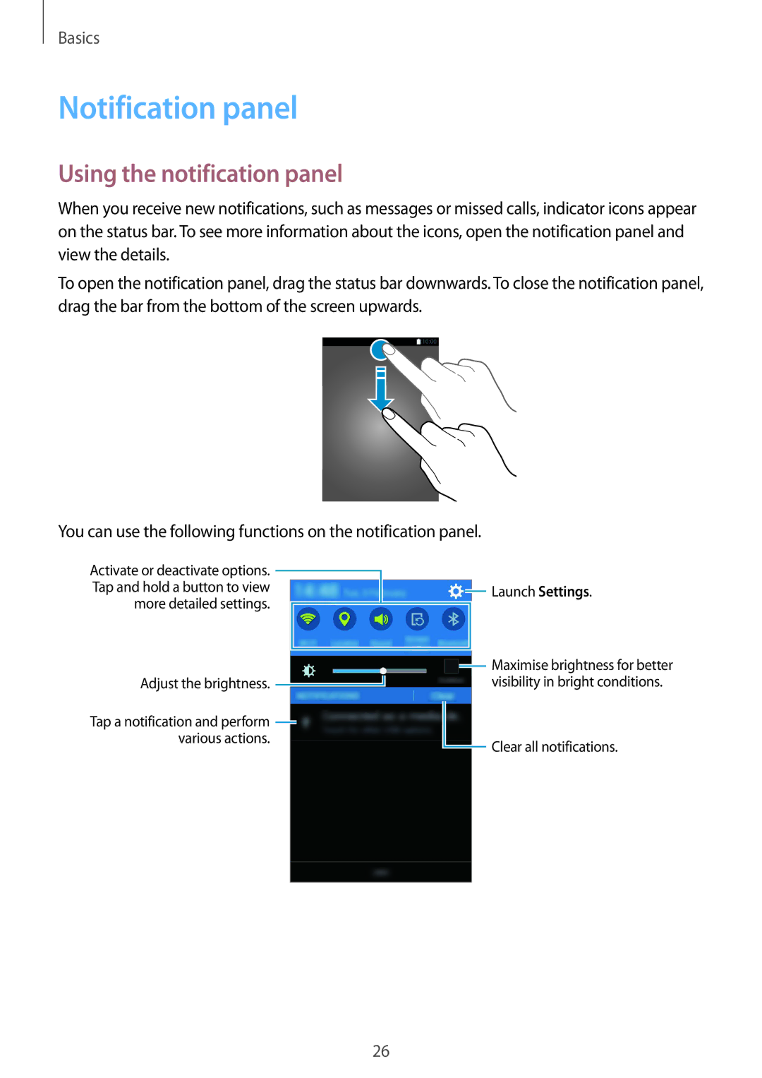 Samsung SM-G388FDSAETL, SM-G388FDSAPLS, SM-G388FDSASEB, SM-G388FDSADPL manual Notification panel, Using the notification panel 