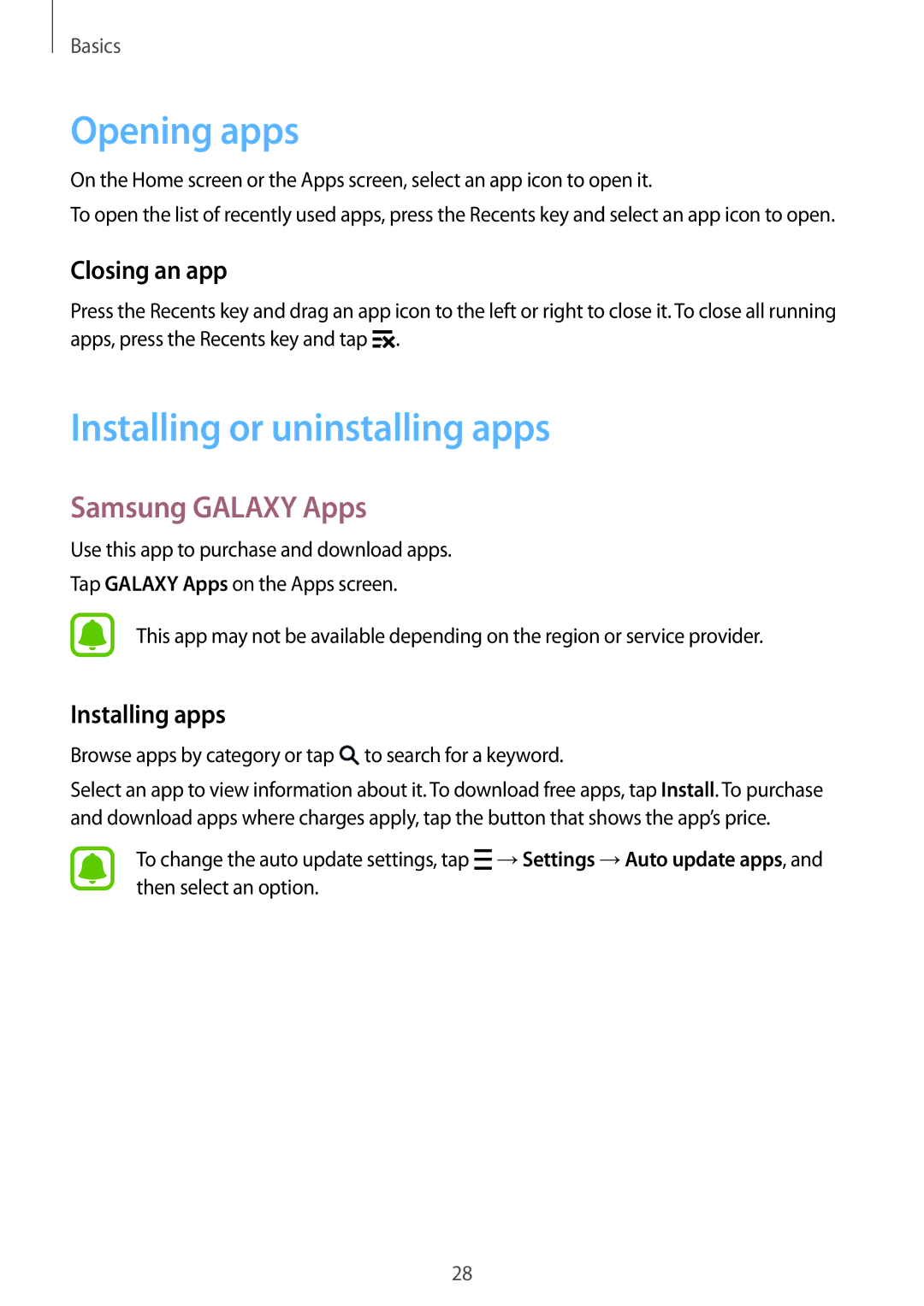 Samsung SM-G388FDSAPLS Opening apps, Installing or uninstalling apps, Samsung Galaxy Apps, Closing an app, Installing apps 