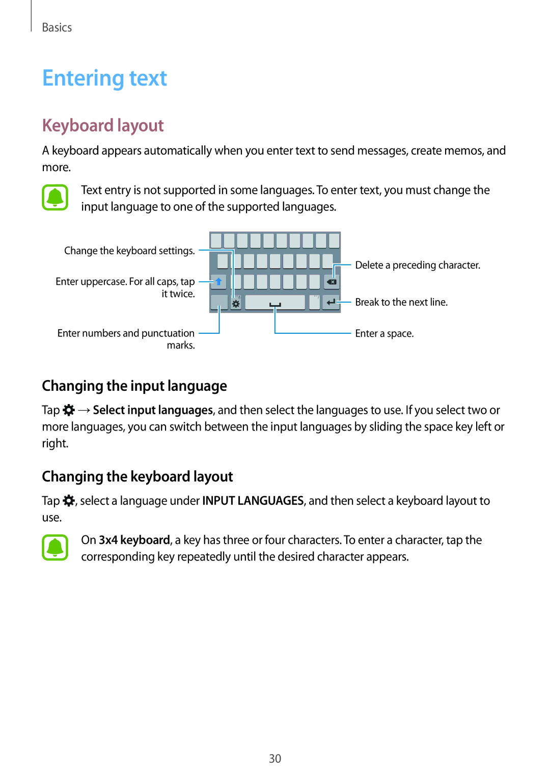 Samsung SM-G388FDSADPL manual Entering text, Keyboard layout, Changing the input language, Changing the keyboard layout 