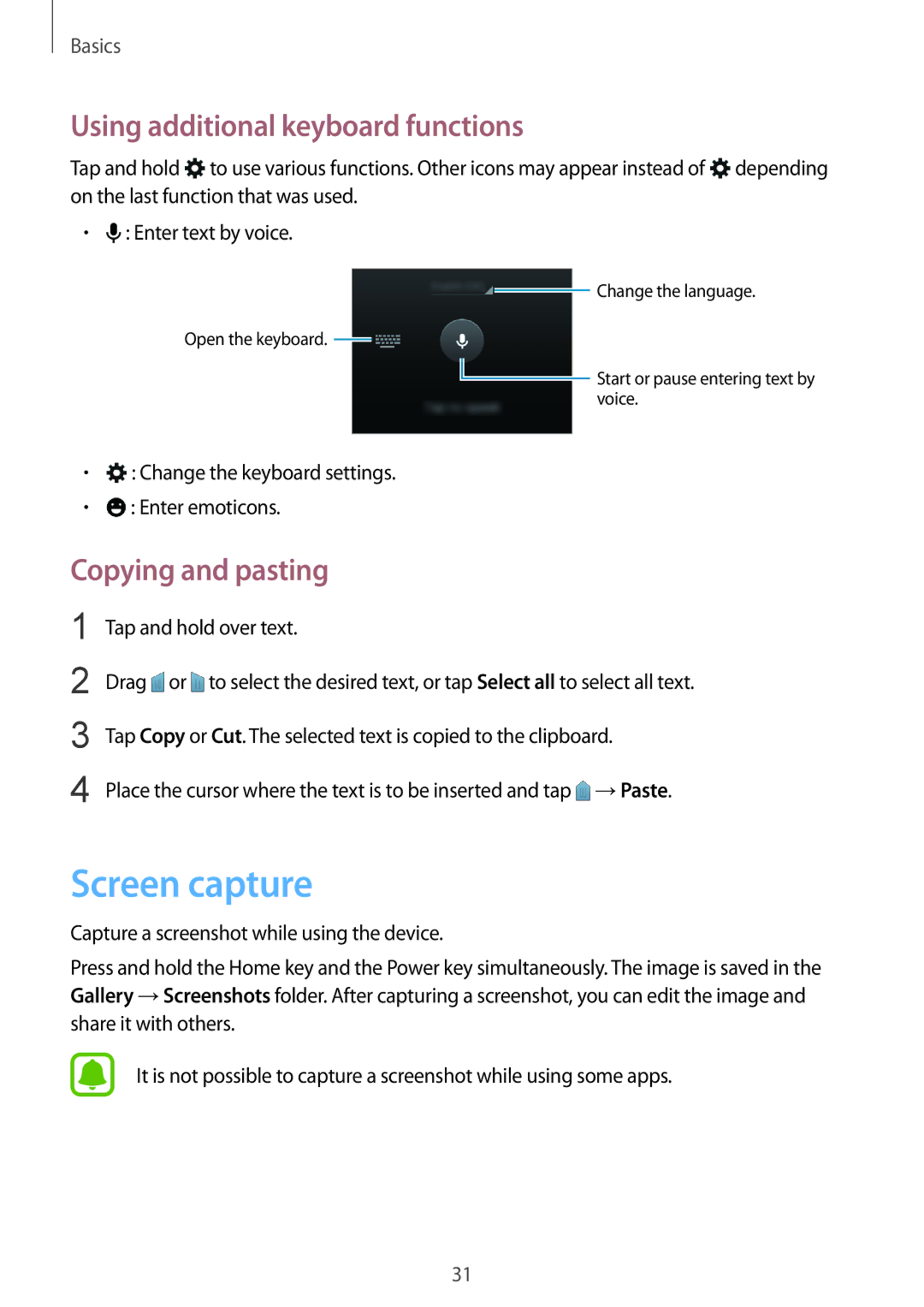 Samsung SM-G388FDSADBT, SM-G388FDSAPLS manual Screen capture, Using additional keyboard functions, Copying and pasting 