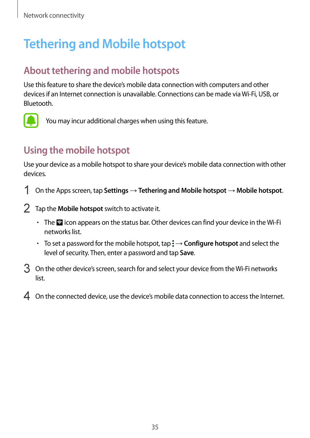 Samsung SM-G388FDSAATO manual Tethering and Mobile hotspot, About tethering and mobile hotspots, Using the mobile hotspot 