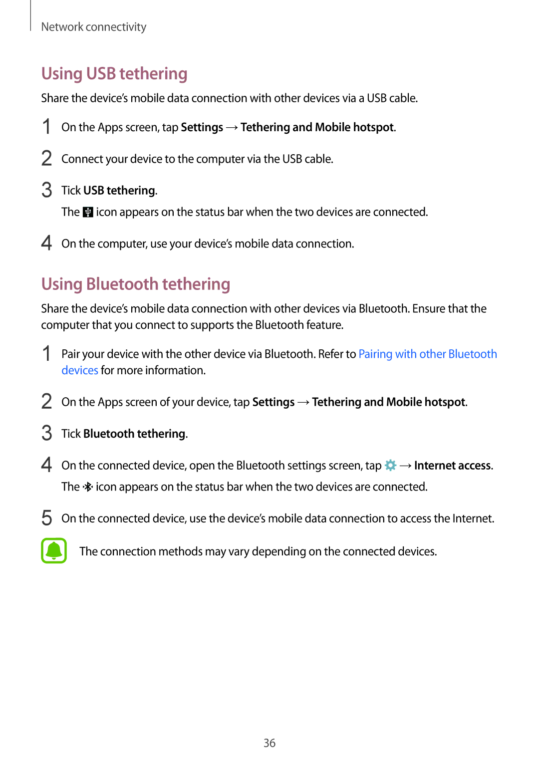 Samsung SM-G388FDSADDE manual Using USB tethering, Using Bluetooth tethering, Tick USB tethering, Tick Bluetooth tethering 