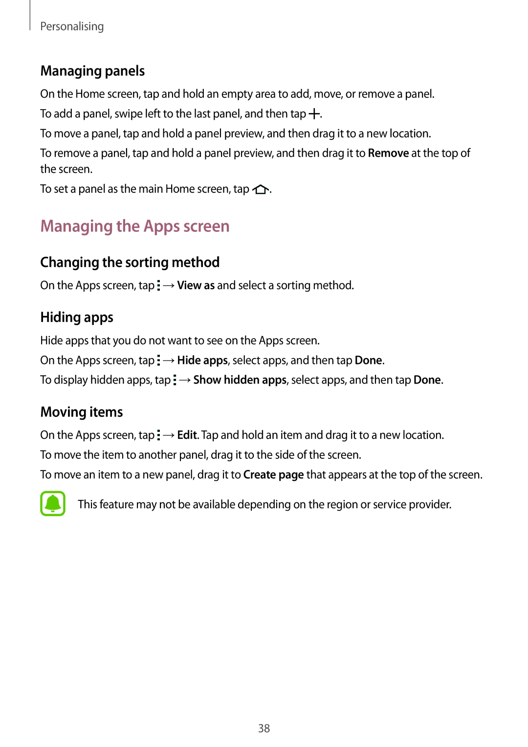 Samsung SM2G388FDSADDE Managing the Apps screen, Managing panels, Changing the sorting method, Hiding apps, Moving items 