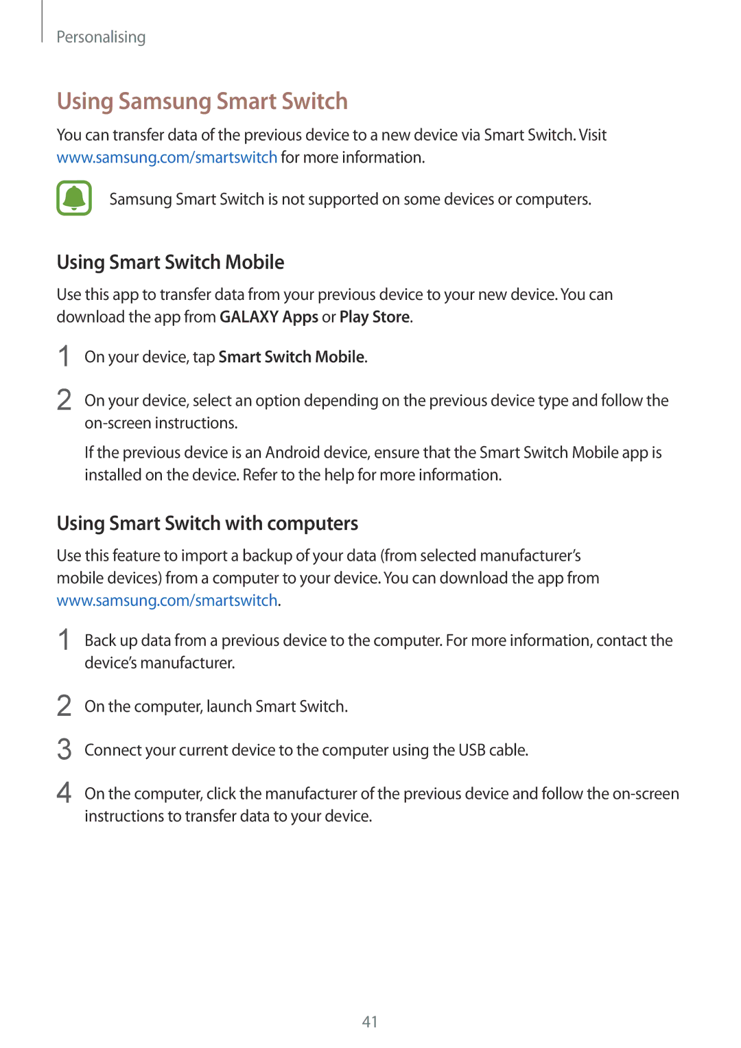 Samsung SM-G388FDSATTR manual Using Samsung Smart Switch, Using Smart Switch Mobile, Using Smart Switch with computers 