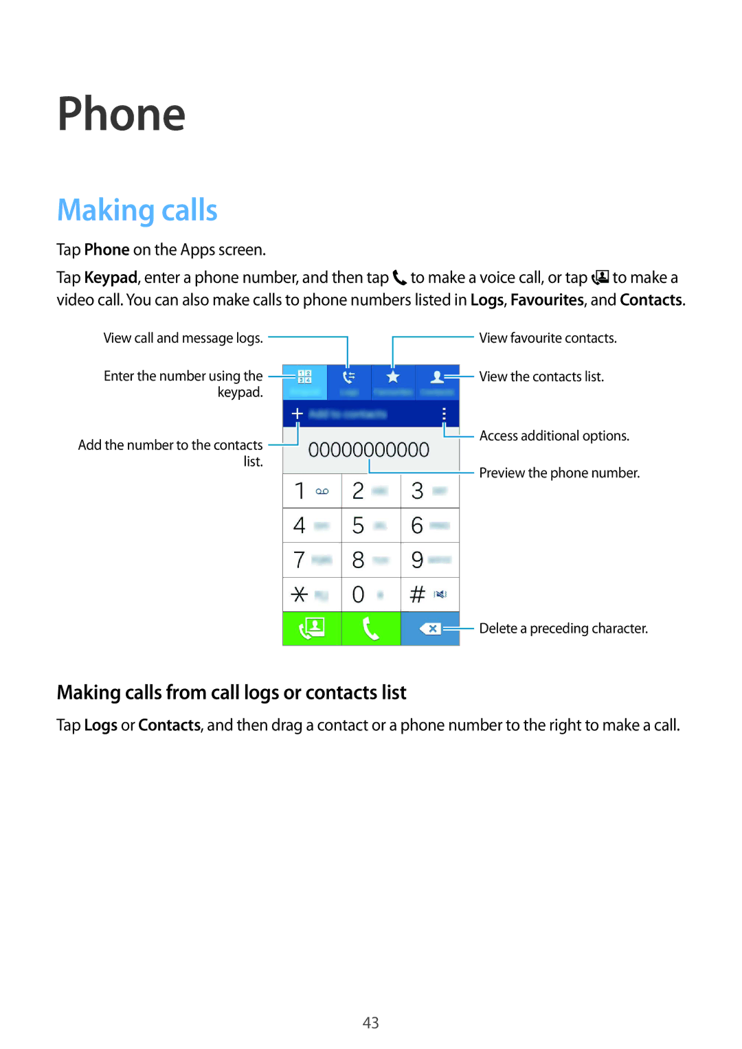 Samsung SM2G388FDSADBT, SM-G388FDSAPLS, SM-G388FDSASEB manual Phone, Making calls from call logs or contacts list 