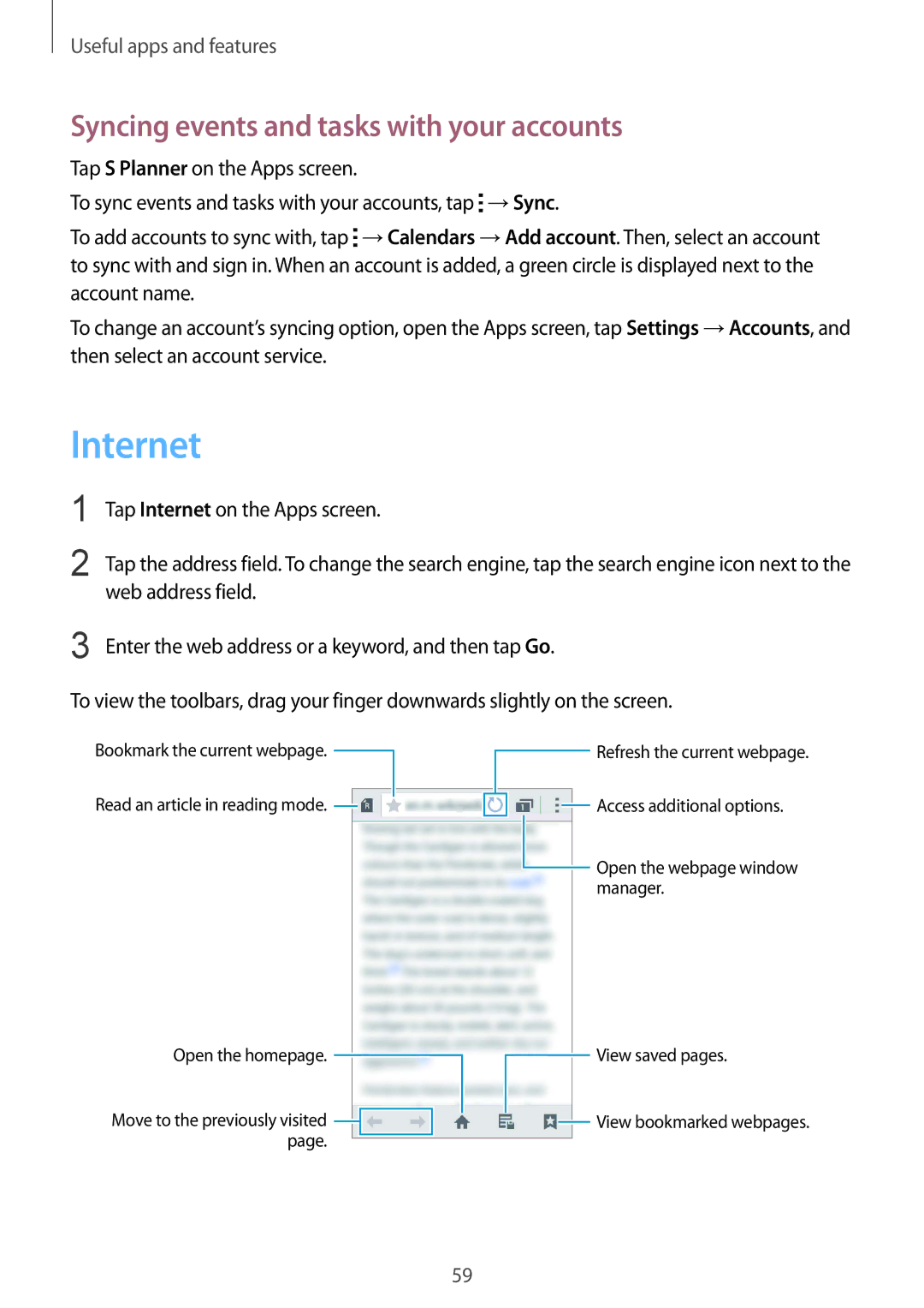 Samsung SM-G388FDSADBT, SM-G388FDSAPLS, SM-G388FDSASEB, SM-G388FDSADPL Internet, Syncing events and tasks with your accounts 