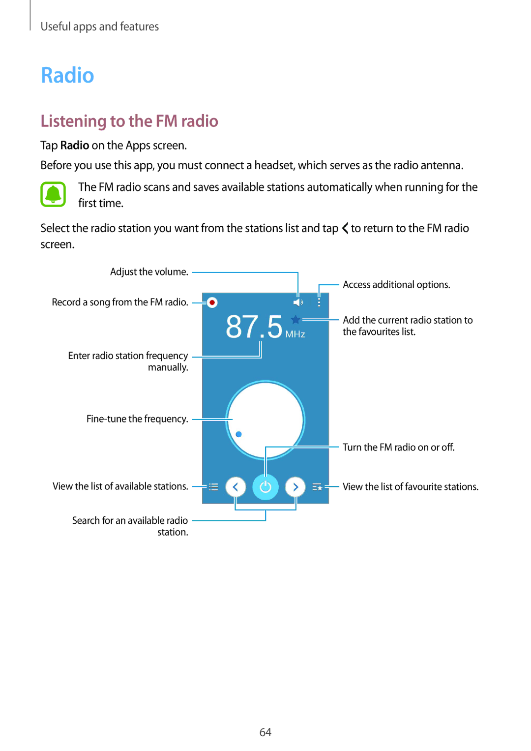 Samsung SM-G388FDSADDE, SM-G388FDSAPLS, SM-G388FDSASEB, SM-G388FDSADPL, SM-G388FDSADBT manual Radio, Listening to the FM radio 