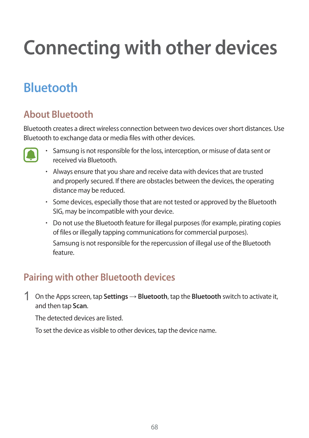 Samsung SM-G388FDSAXEO, SM-G388FDSAPLS, SM-G388FDSASEB manual About Bluetooth, Pairing with other Bluetooth devices 