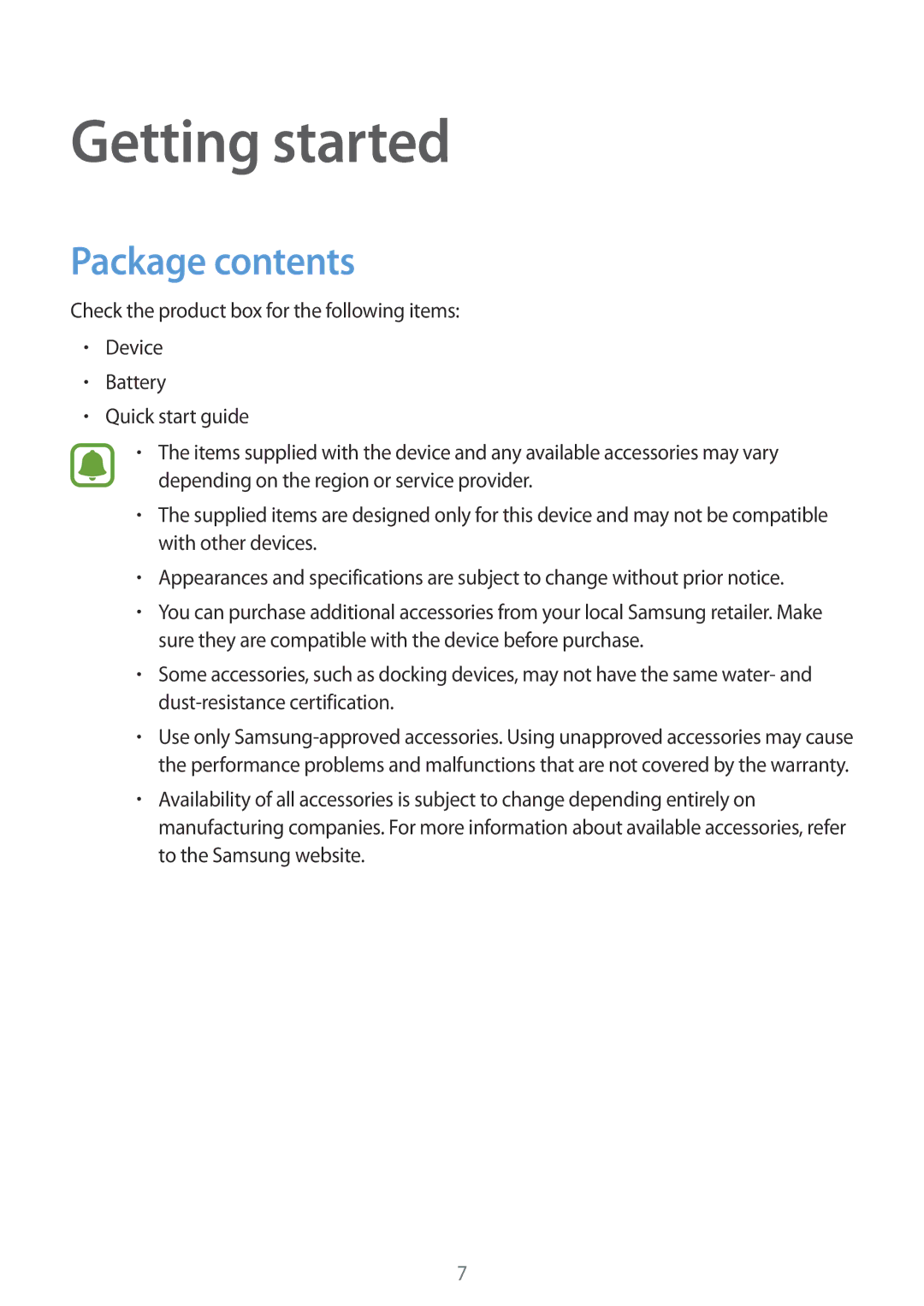 Samsung SM-G388FDSAATO, SM-G388FDSAPLS, SM-G388FDSASEB, SM-G388FDSADPL, SM-G388FDSADBT manual Getting started, Package contents 