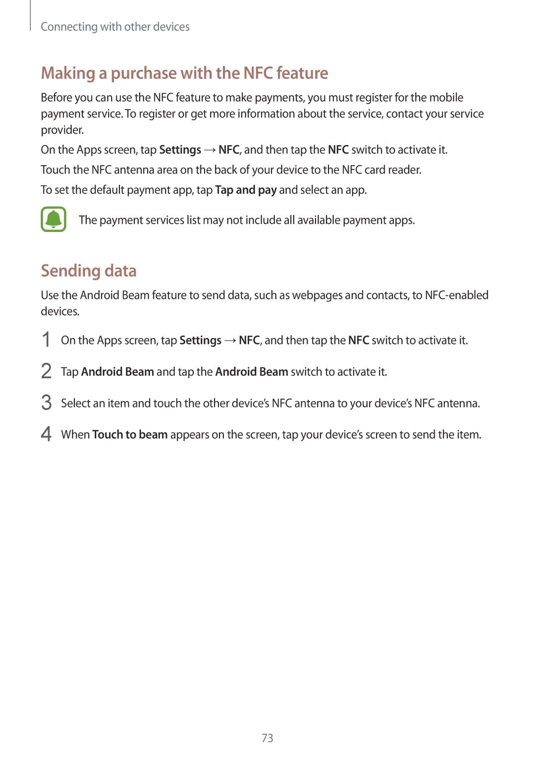 Samsung SM-G388FDSAFTM, SM-G388FDSAPLS, SM-G388FDSASEB, SM-G388FDSADPL Making a purchase with the NFC feature, Sending data 