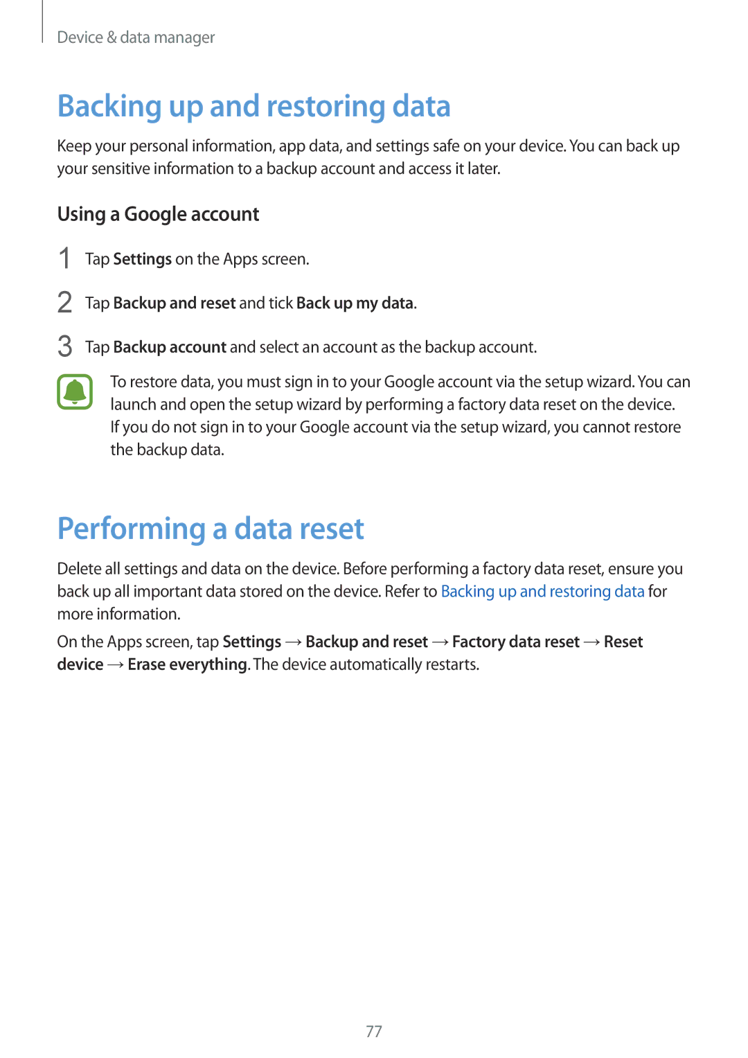 Samsung SM-G388FDSALUX, SM-G388FDSAPLS manual Backing up and restoring data, Performing a data reset, Using a Google account 