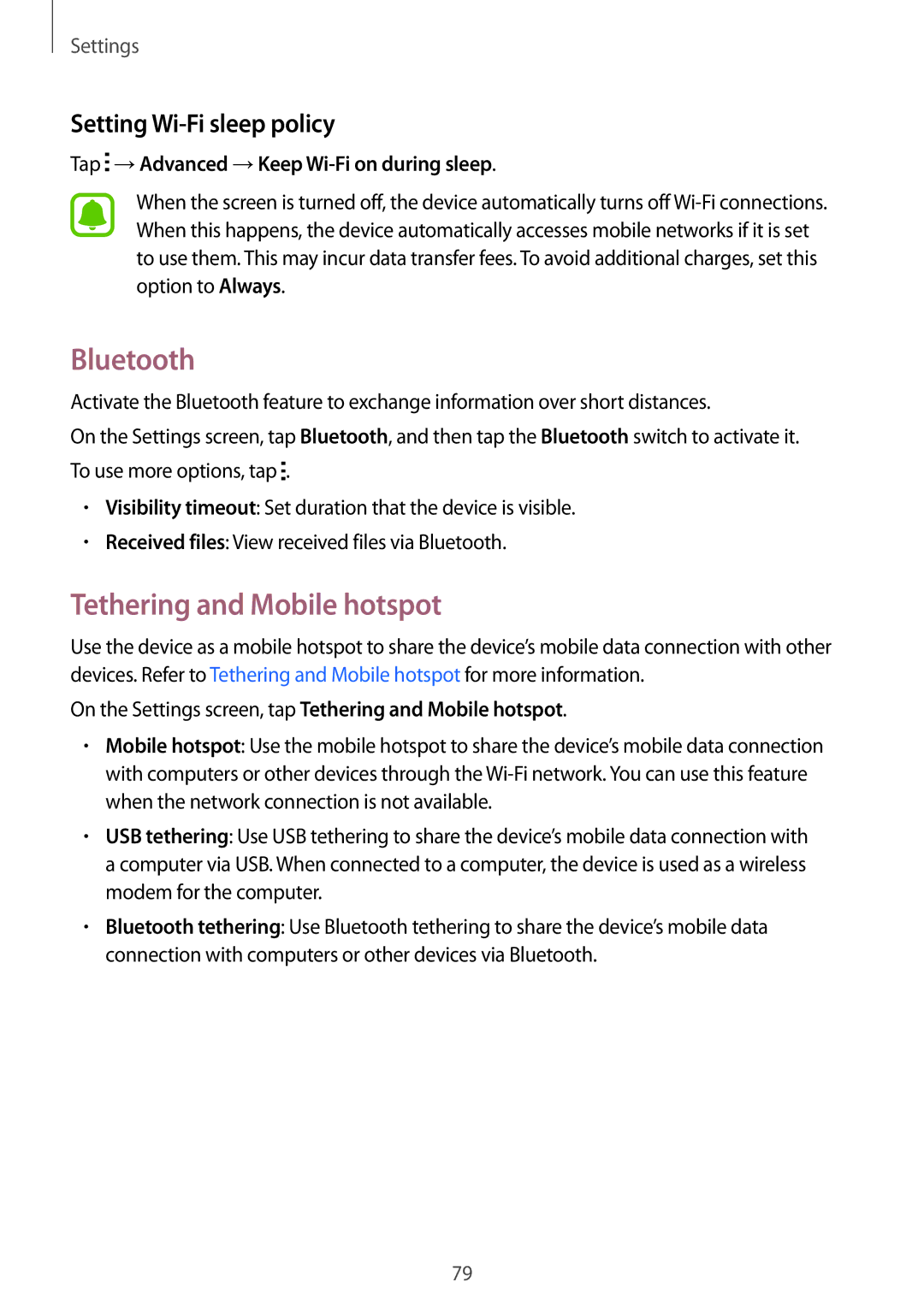 Samsung SM-G388FDSAAUT, SM-G388FDSAPLS, SM-G388FDSASEB Bluetooth, Tethering and Mobile hotspot, Setting Wi-Fi sleep policy 