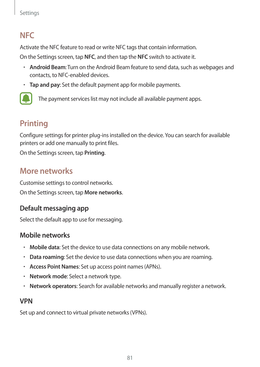 Samsung SM-G388FDSABGL, SM-G388FDSAPLS, SM-G388FDSASEB manual Printing, More networks, Default messaging app, Mobile networks 