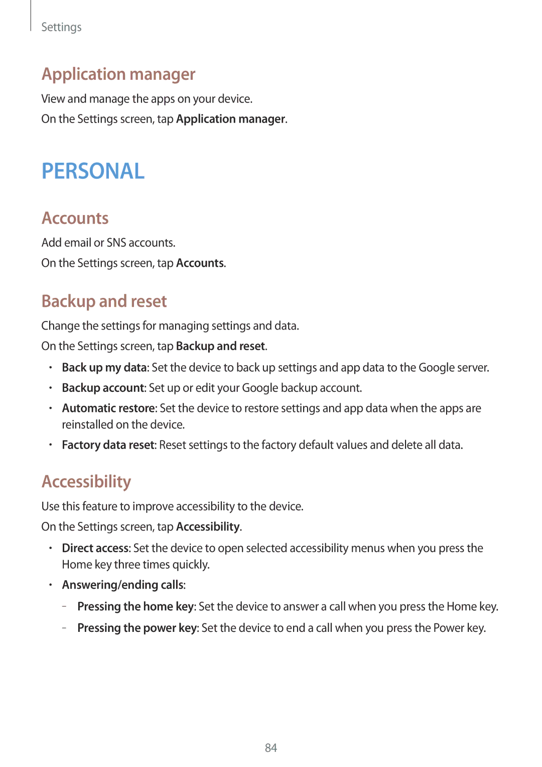 Samsung SM-G388FDSAPLS manual Application manager, Accounts, Backup and reset, Accessibility, Answering/ending calls 