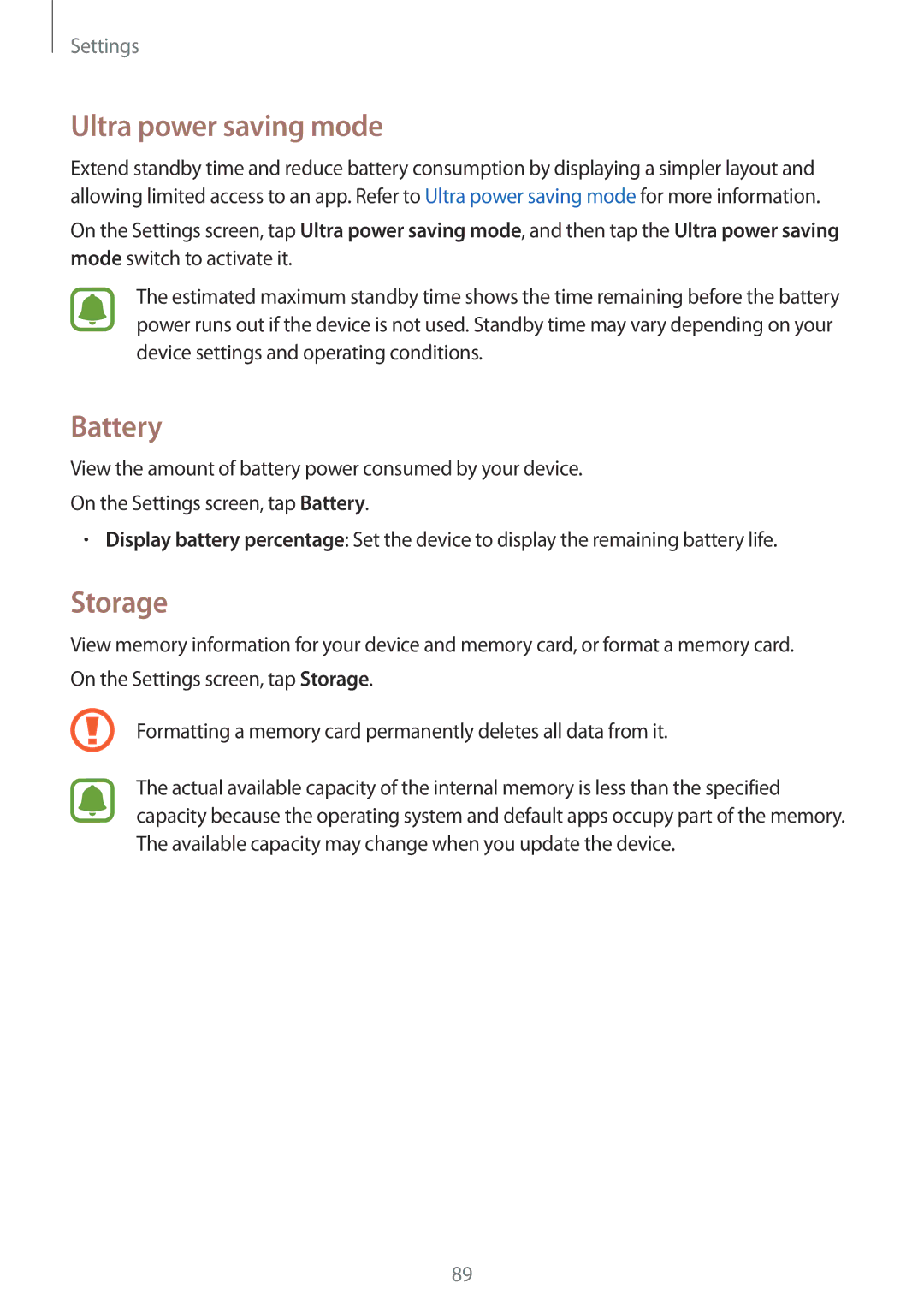 Samsung SM-G388FDSAPRT, SM-G388FDSAPLS, SM-G388FDSASEB, SM-G388FDSADPL manual Ultra power saving mode, Battery, Storage 