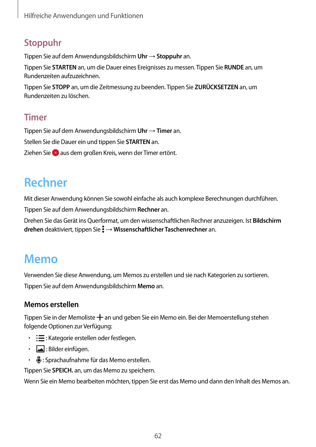 Samsung SM-G388FDSADDE, SM-G388FDSAPLS, SM-G388FDSASEB, SM-G388FDSADPL manual Rechner, Stoppuhr, Timer, Memos erstellen 