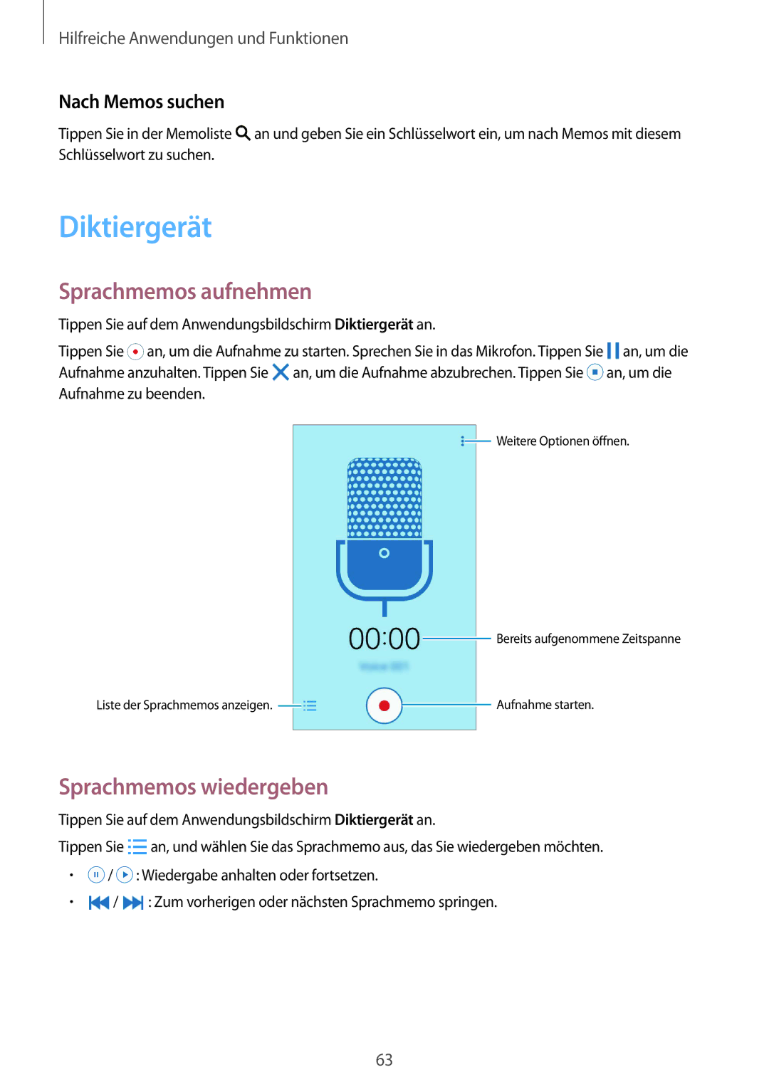 Samsung SM-G388FDSACOS, SM-G388FDSAPLS Diktiergerät, Sprachmemos aufnehmen, Sprachmemos wiedergeben, Nach Memos suchen 