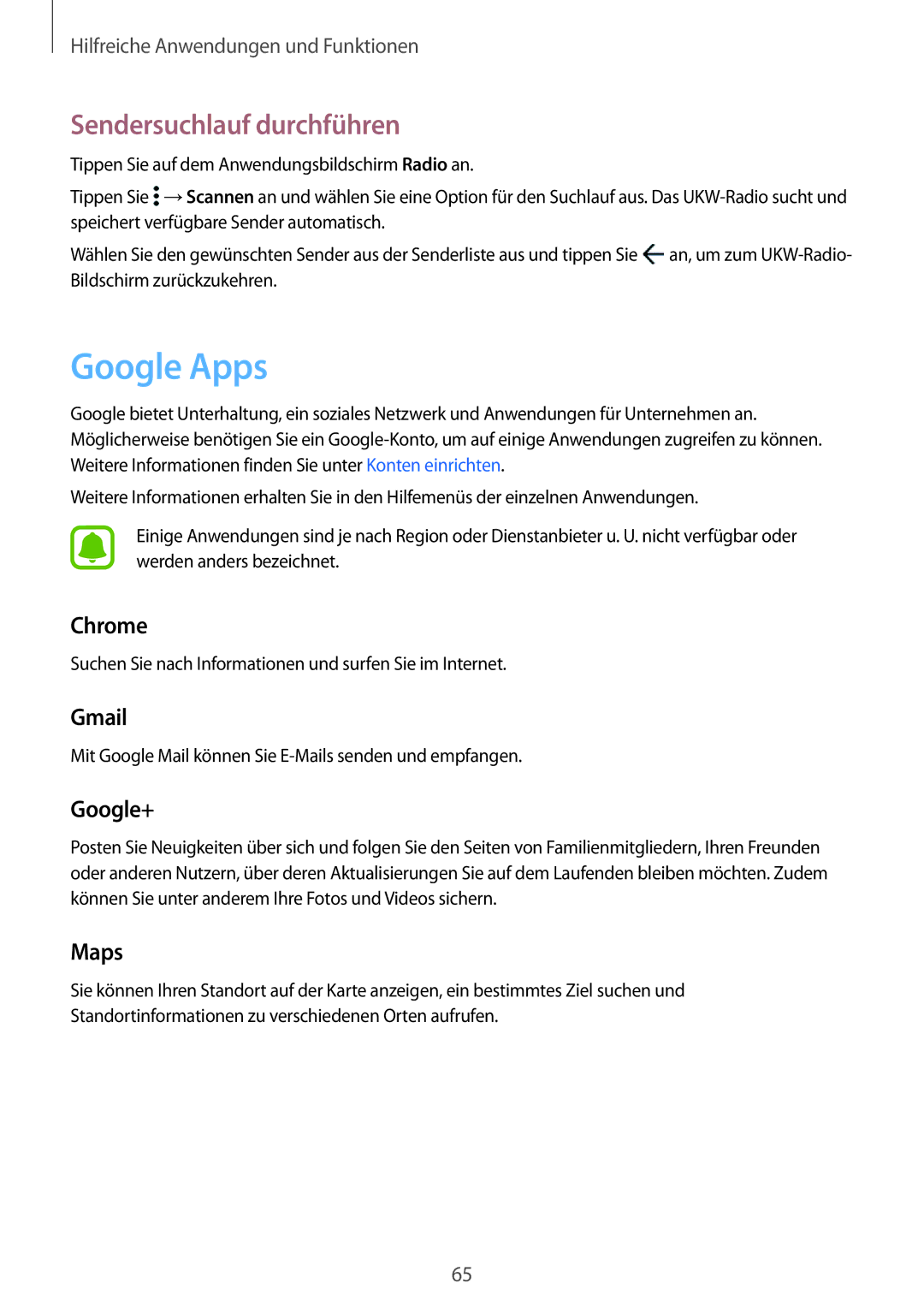 Samsung SM-G388FDSAMOB, SM-G388FDSAPLS, SM-G388FDSASEB, SM-G388FDSADPL manual Google Apps, Sendersuchlauf durchführen 