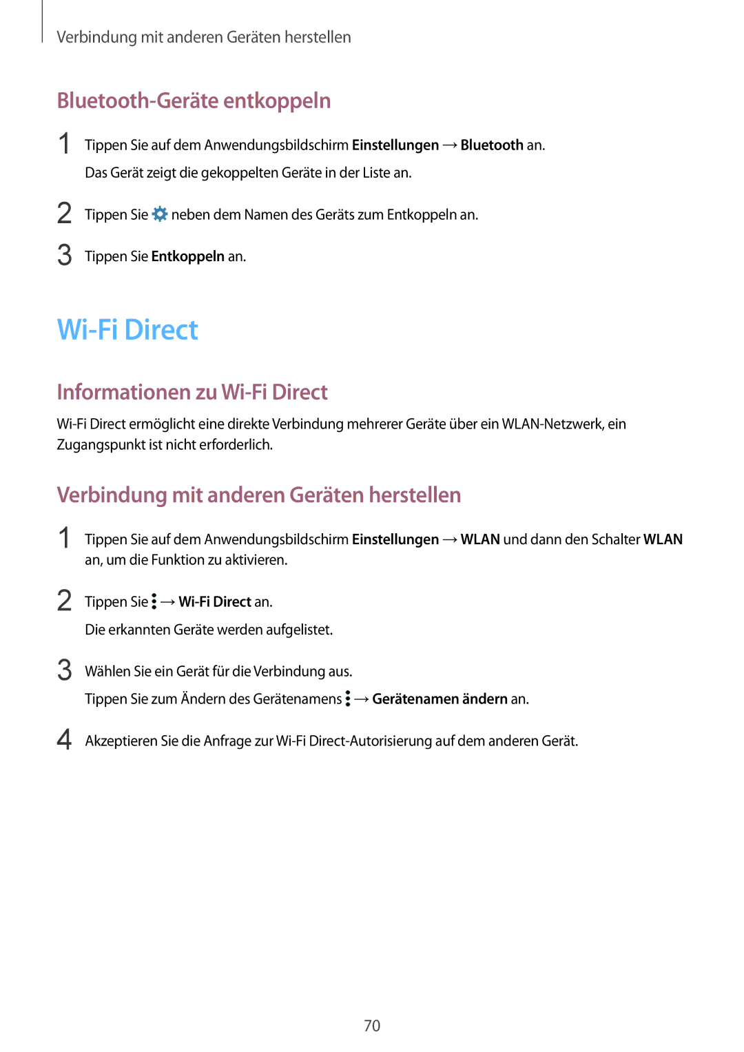 Samsung SM-G388FDSAXEF, SM-G388FDSAPLS, SM-G388FDSASEB manual Bluetooth-Geräte entkoppeln, Informationen zu Wi-Fi Direct 