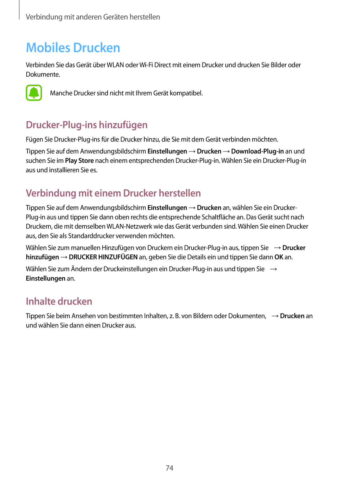 Samsung SM-G388FDSADPL manual Mobiles Drucken, Drucker-Plug-ins hinzufügen, Verbindung mit einem Drucker herstellen 