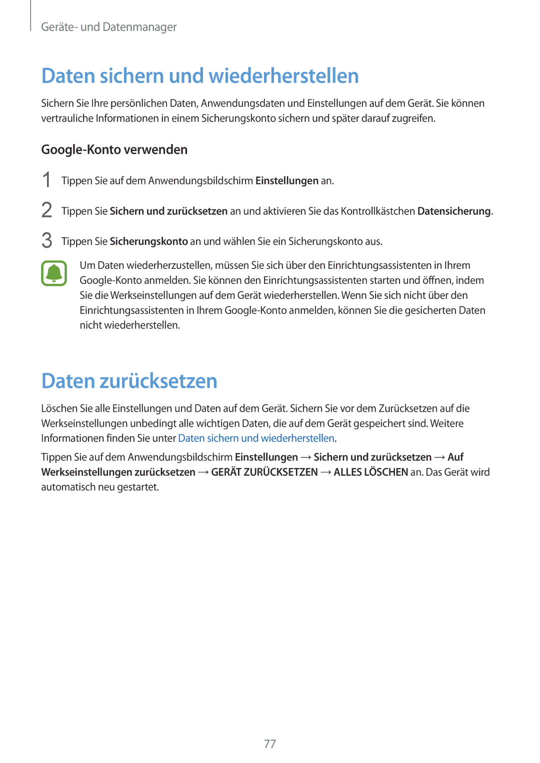 Samsung SM-G388FDSAPRT, SM-G388FDSAPLS manual Daten sichern und wiederherstellen, Daten zurücksetzen, Google-Konto verwenden 