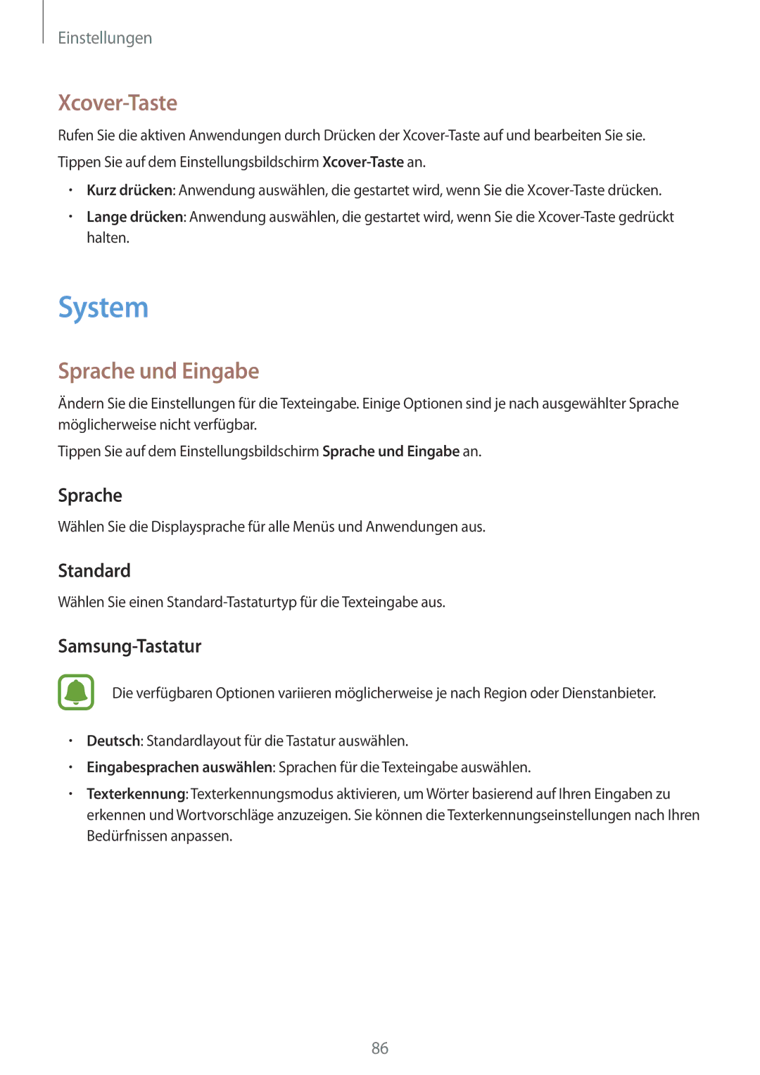 Samsung SM-G388FDSATPH, SM-G388FDSAPLS, SM-G388FDSASEB, SM-G388FDSADPL manual System, Xcover-Taste, Sprache und Eingabe 