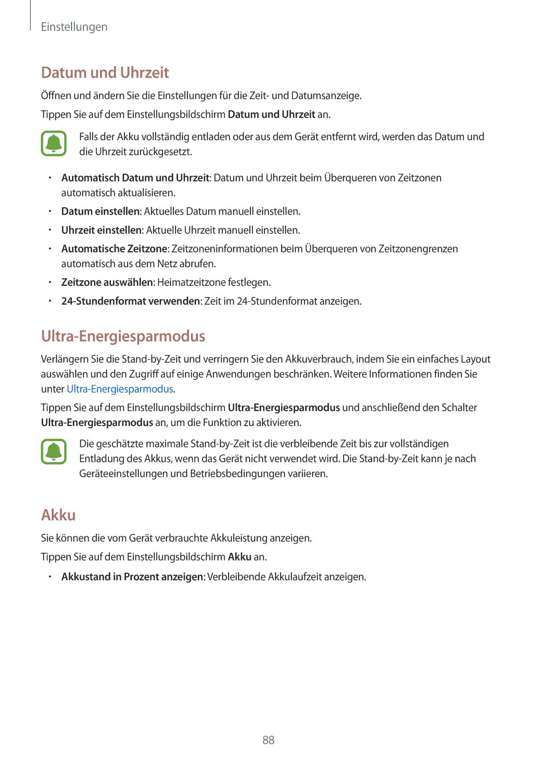 Samsung SM-G388FDSAXEF, SM-G388FDSAPLS, SM-G388FDSASEB, SM-G388FDSADPL manual Datum und Uhrzeit, Ultra-Energiesparmodus, Akku 