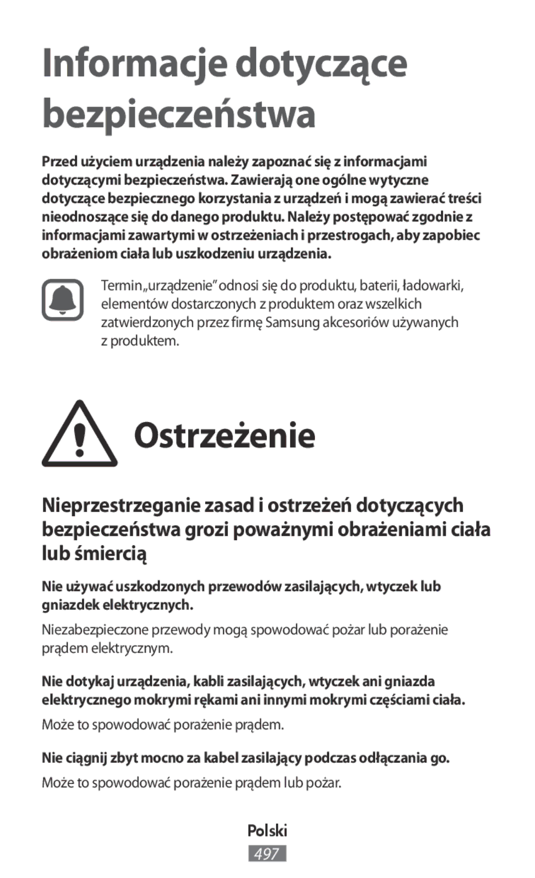 Samsung SM2G360FZWAO2C, SM-G388FDSAPLS manual Ostrzeżenie, Może to spowodować porażenie prądem lub pożar, Polski 