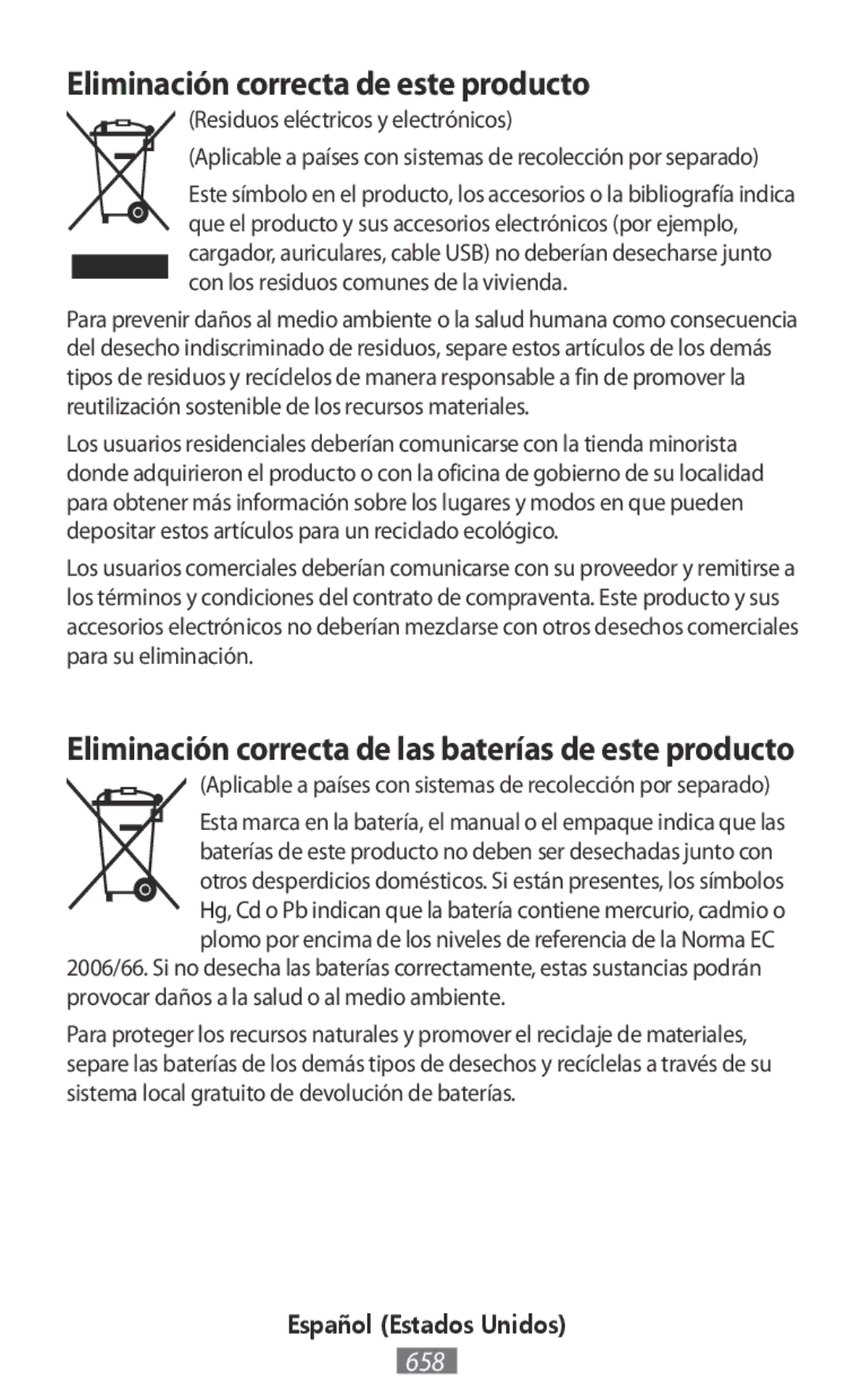 Samsung SM-G900FZBANEE manual Eliminación correcta de las baterías de este producto, Residuos eléctricos y electrónicos 