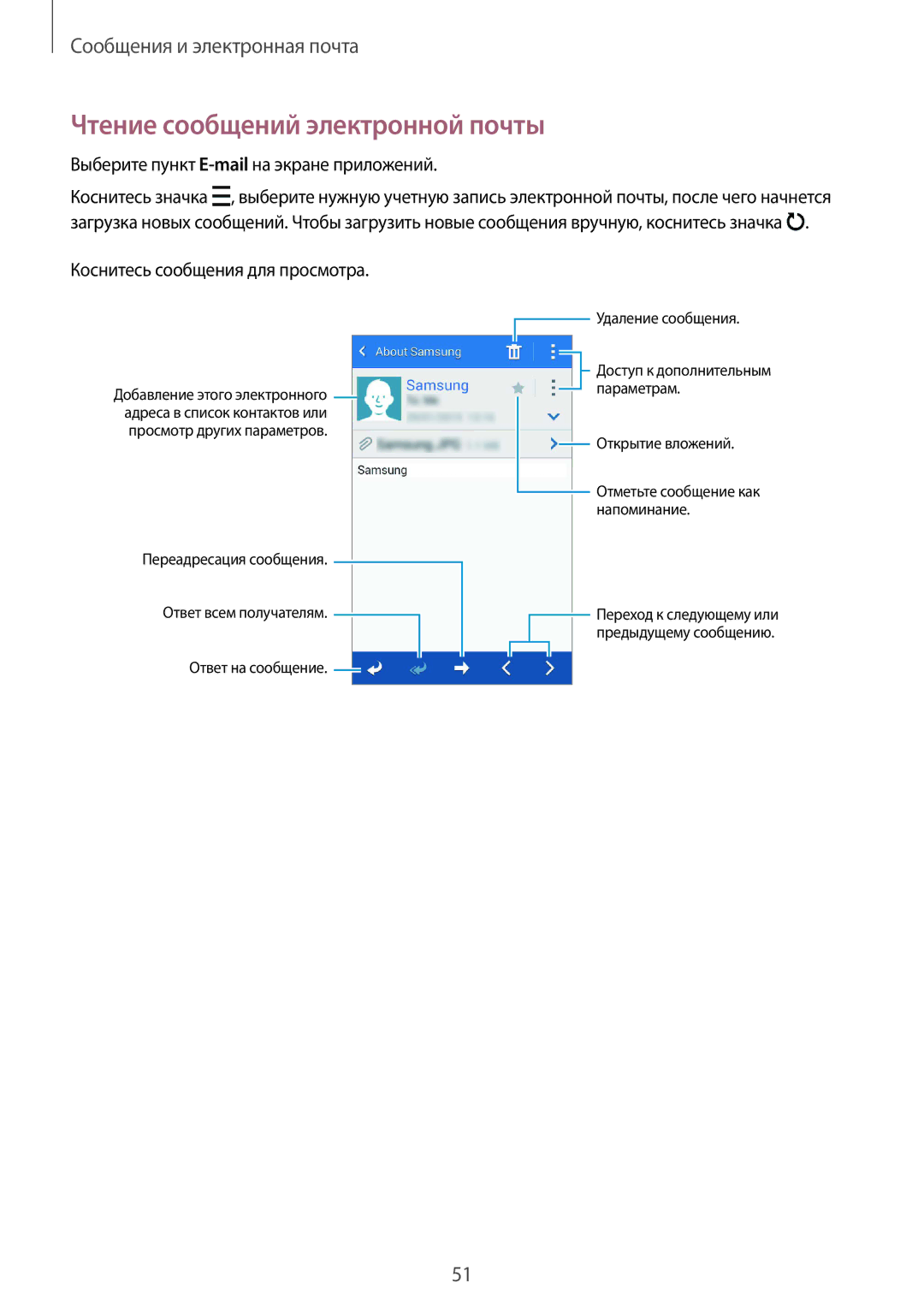 Samsung SM-G388FDSASER, SM-G388FDSASEB manual Чтение сообщений электронной почты, Выберите пункт E-mailна экране приложений 