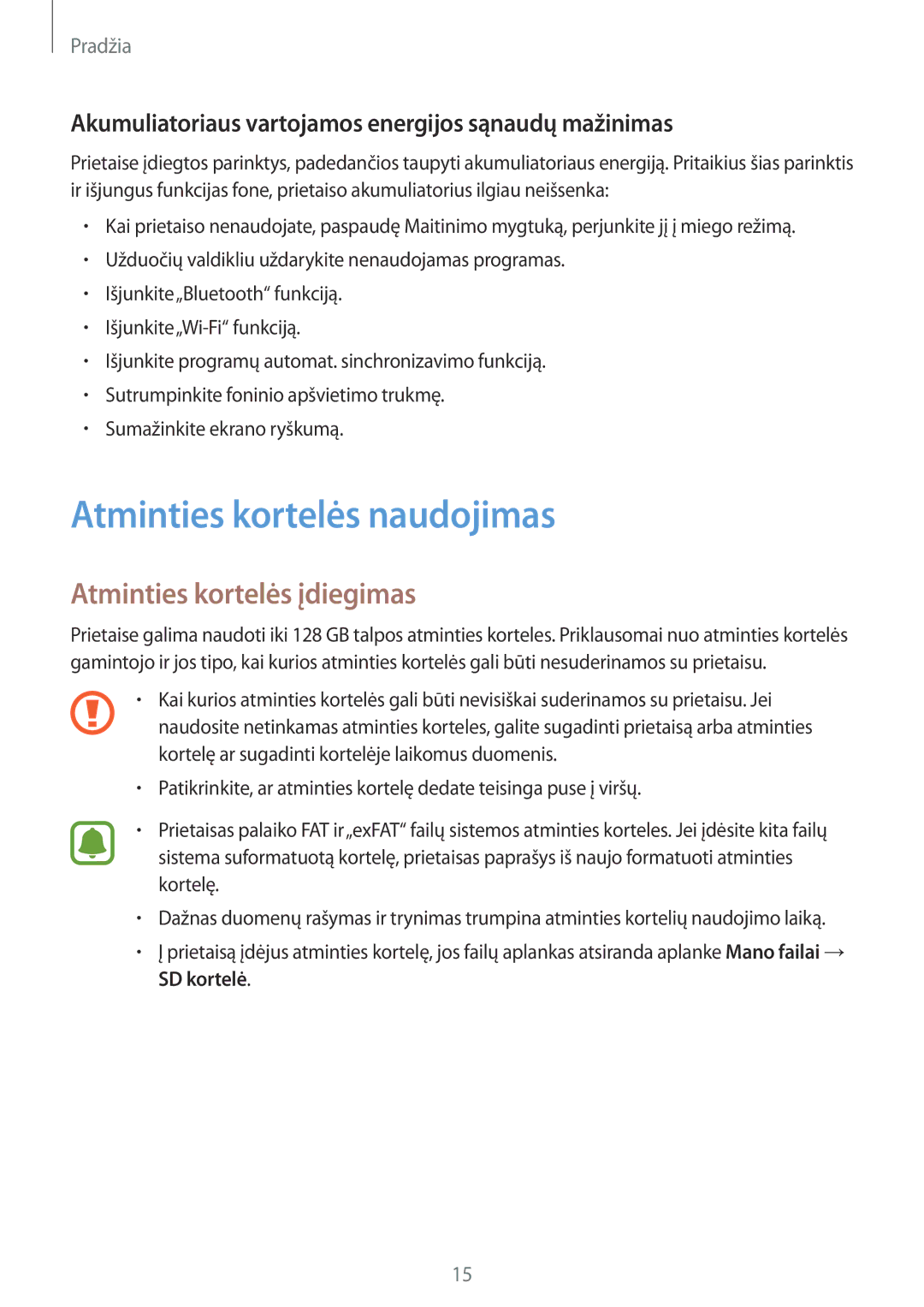 Samsung SM-G388FDSASEB manual Atminties kortelės naudojimas, Atminties kortelės įdiegimas 