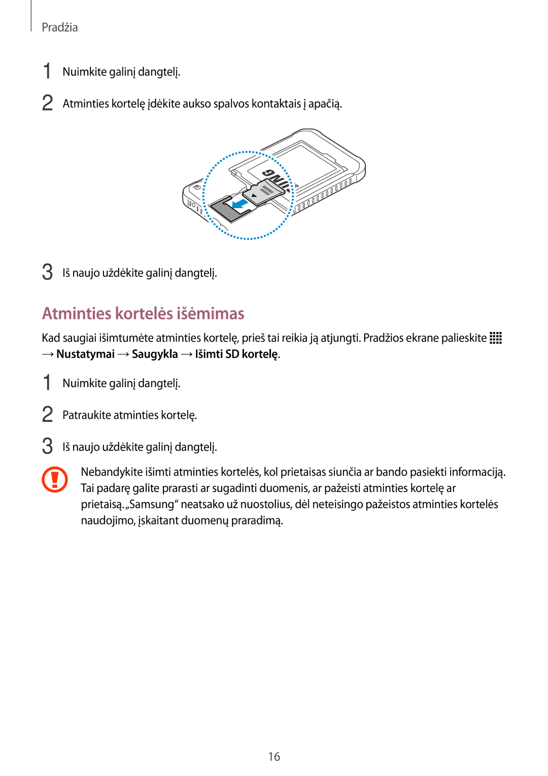 Samsung SM-G388FDSASEB manual Atminties kortelės išėmimas, → Nustatymai →Saugykla →Išimti SD kortelę 