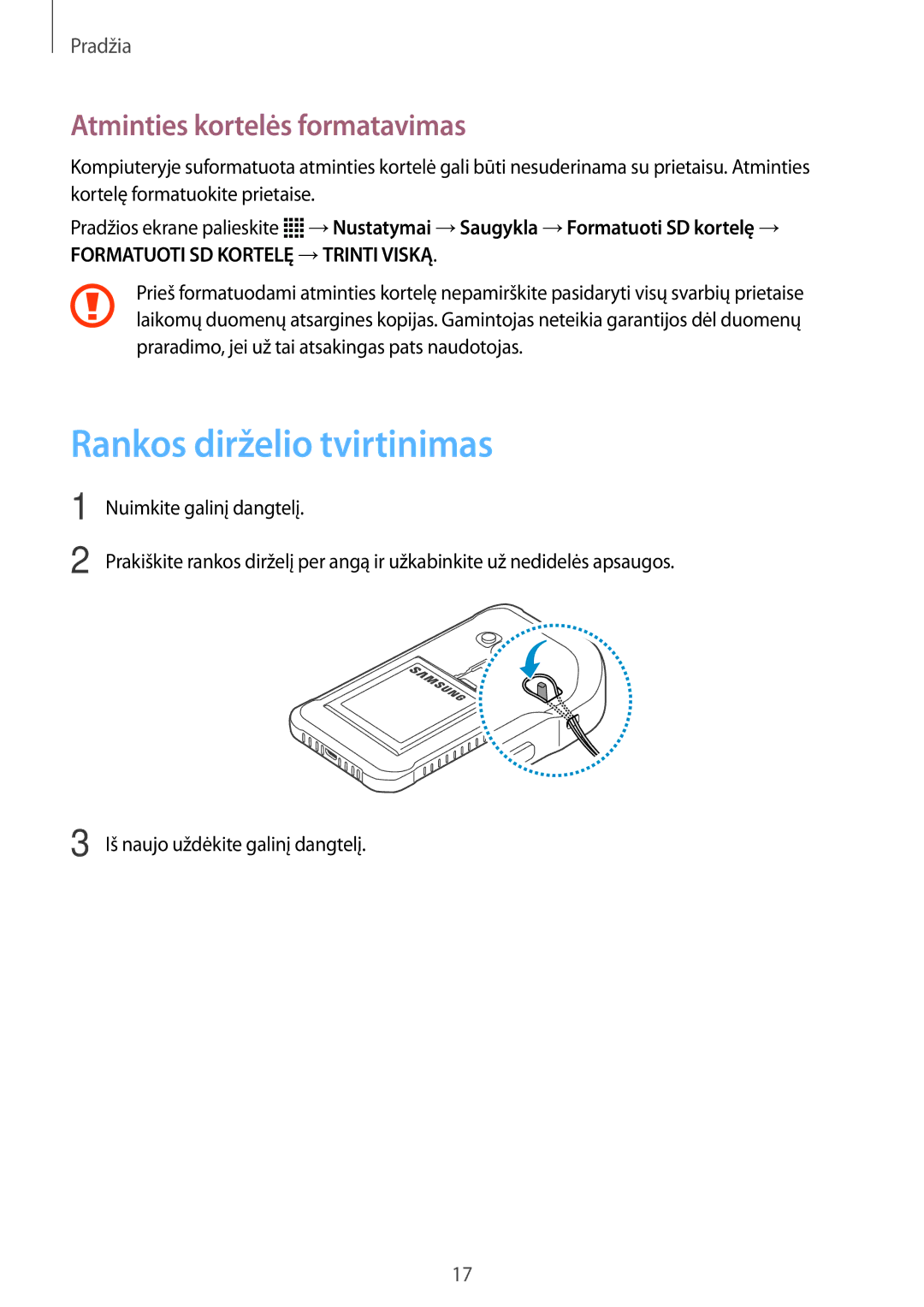 Samsung SM-G388FDSASEB manual Rankos dirželio tvirtinimas, Atminties kortelės formatavimas 