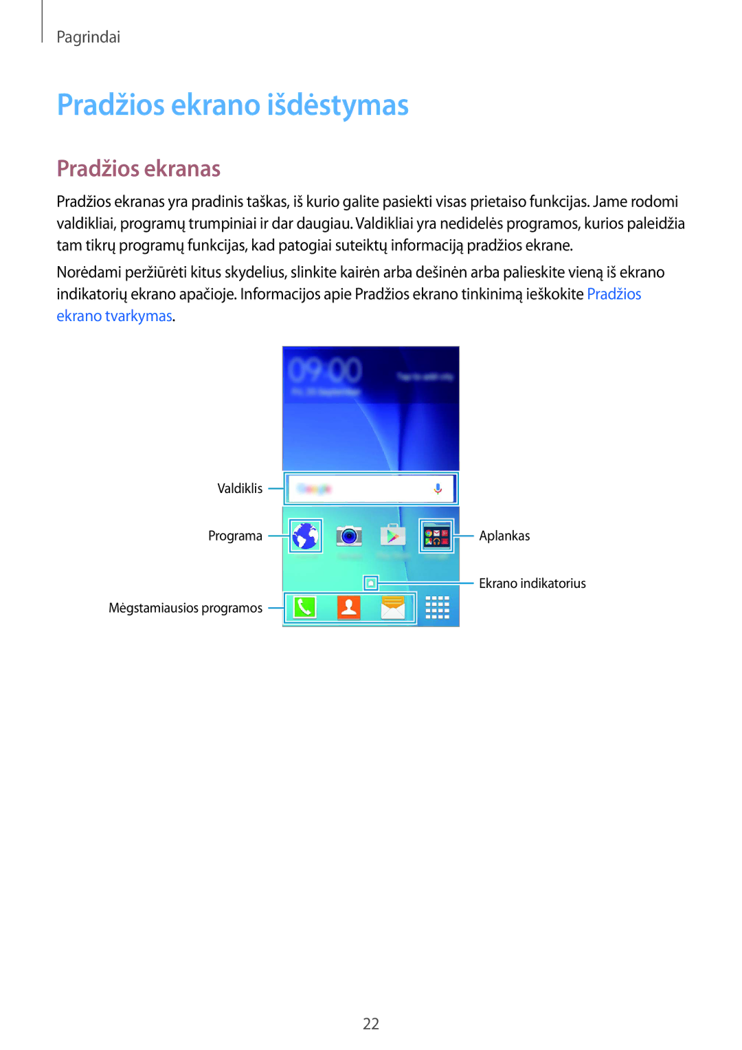 Samsung SM-G388FDSASEB manual Pradžios ekrano išdėstymas, Pradžios ekranas 