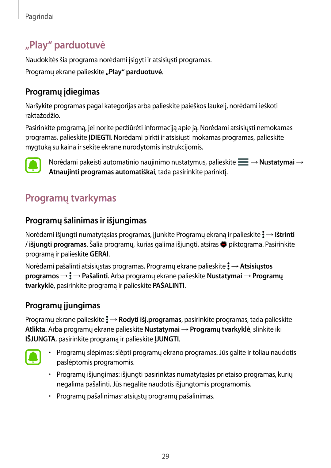 Samsung SM-G388FDSASEB manual „Play parduotuvė, Programų tvarkymas, Programų šalinimas ir išjungimas, Programų įjungimas 