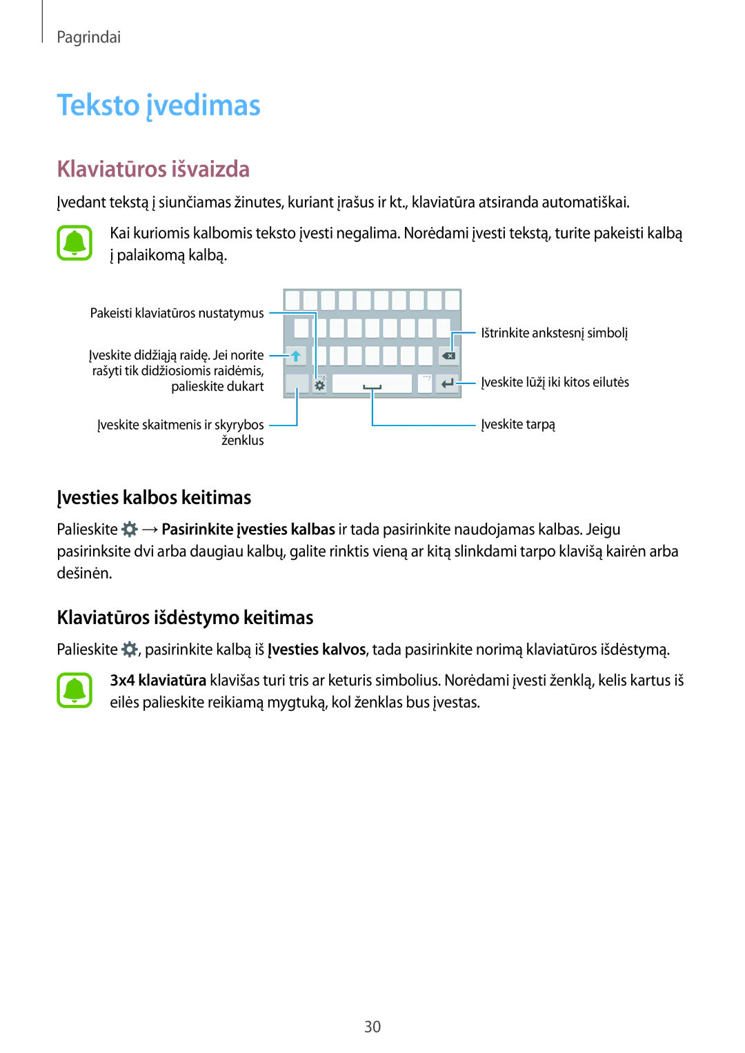 Samsung SM-G388FDSASEB Teksto įvedimas, Klaviatūros išvaizda, Įvesties kalbos keitimas, Klaviatūros išdėstymo keitimas 