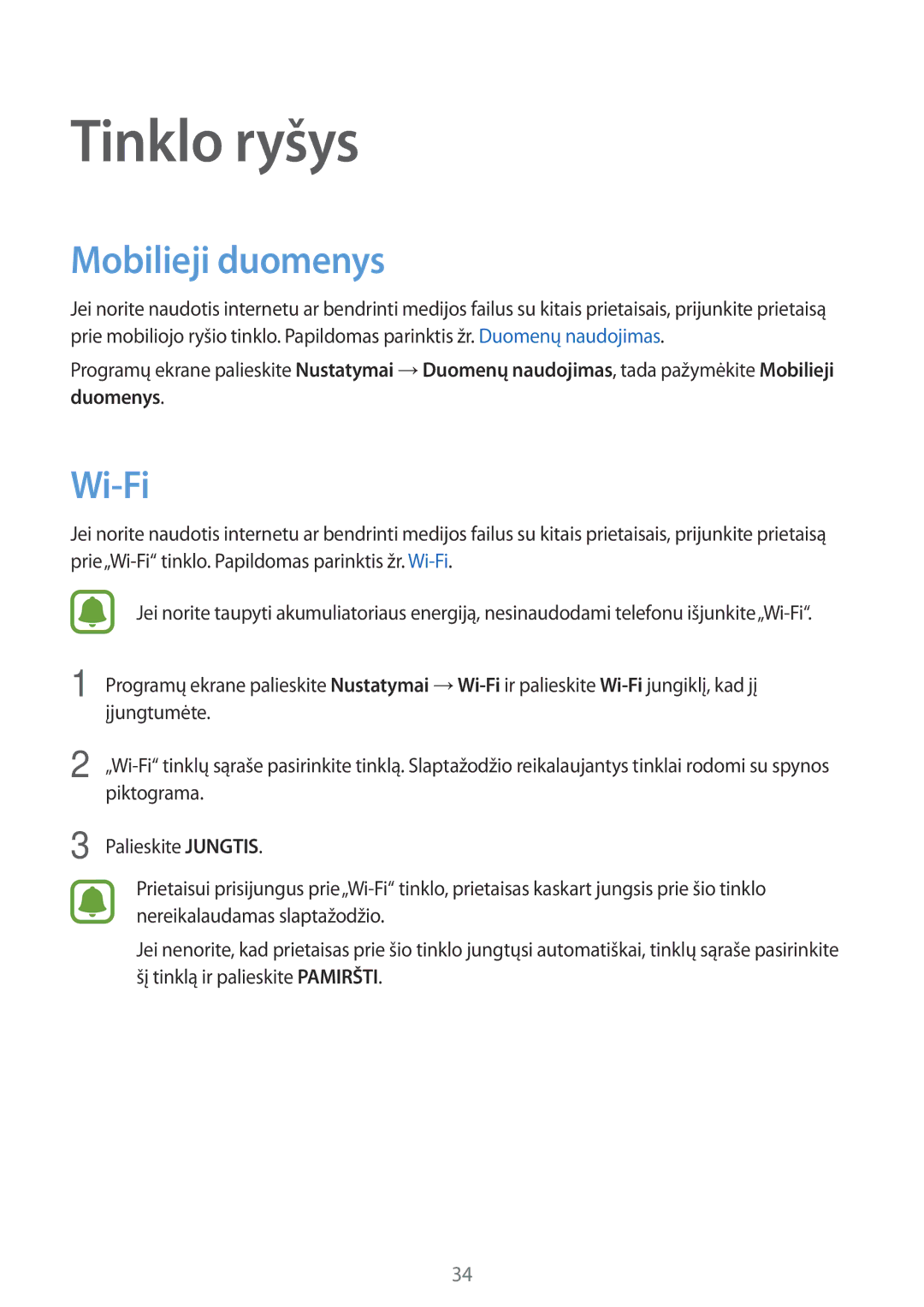 Samsung SM-G388FDSASEB manual Tinklo ryšys, Mobilieji duomenys, Wi-Fi 