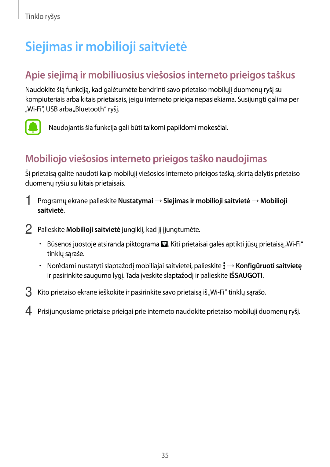 Samsung SM-G388FDSASEB manual Siejimas ir mobilioji saitvietė, Mobiliojo viešosios interneto prieigos taško naudojimas 