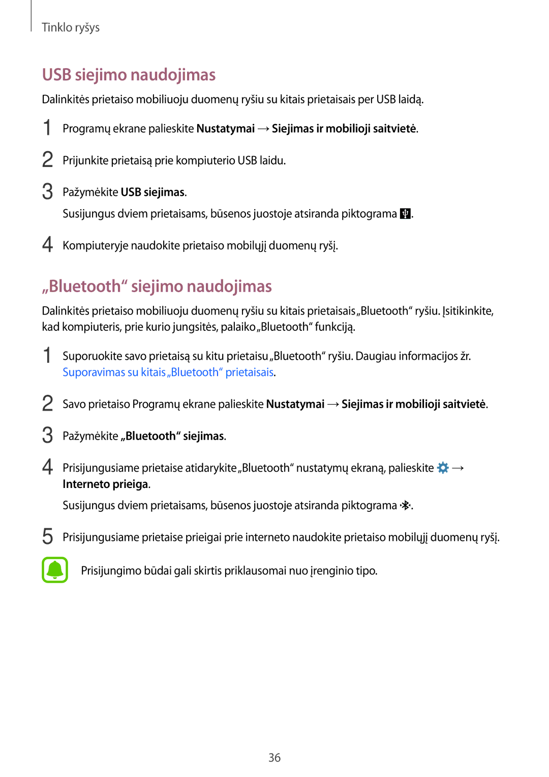 Samsung SM-G388FDSASEB manual USB siejimo naudojimas, „Bluetooth siejimo naudojimas, Pažymėkite „Bluetooth siejimas 