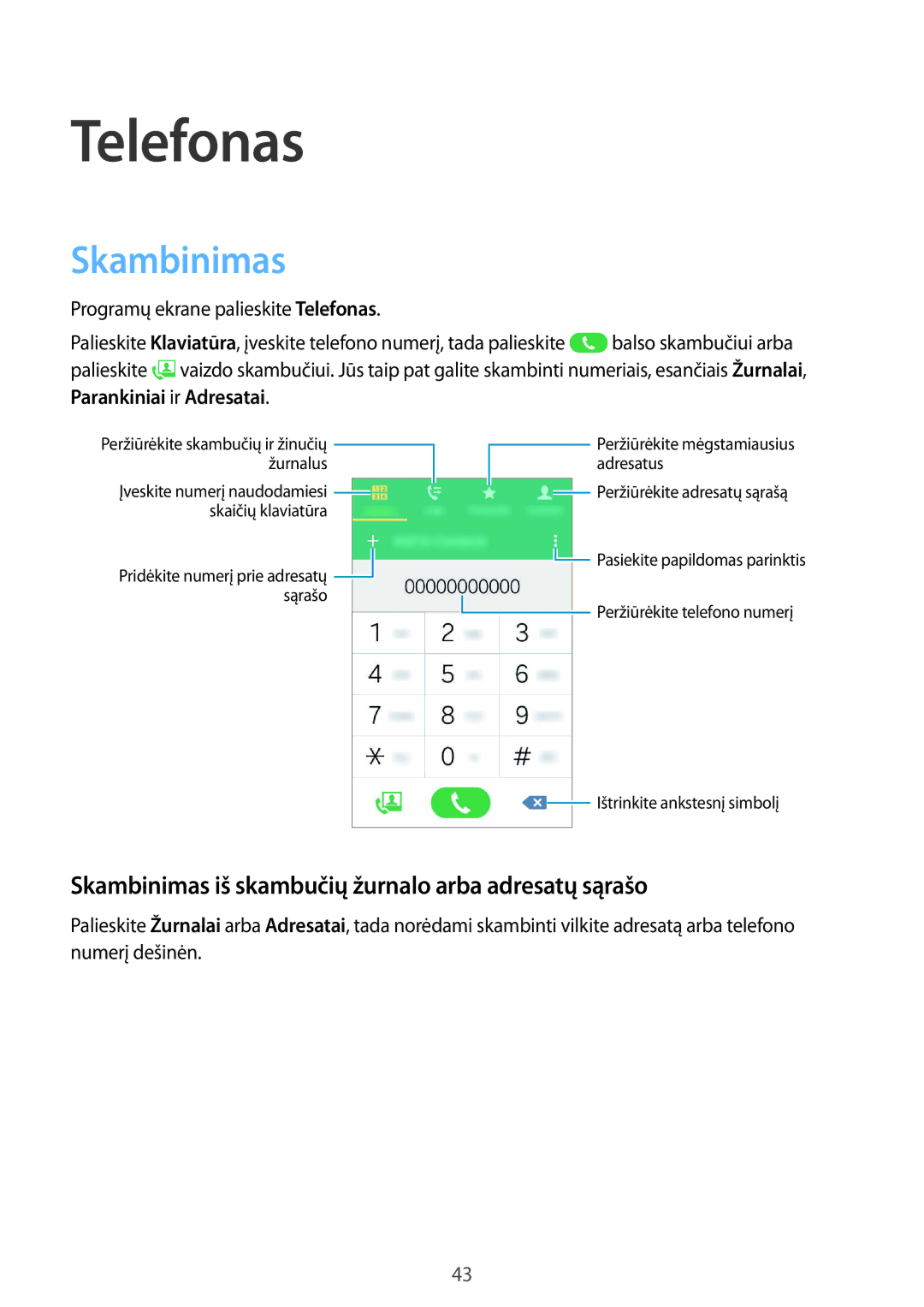 Samsung SM-G388FDSASEB manual Telefonas, Skambinimas iš skambučių žurnalo arba adresatų sąrašo 