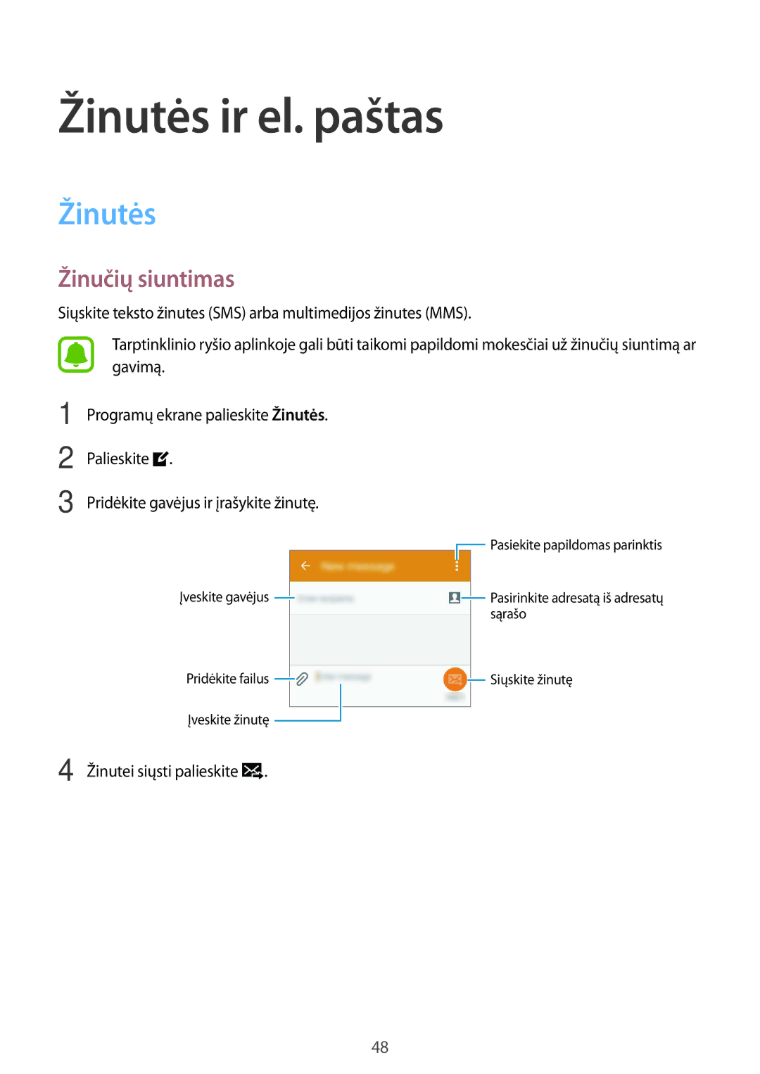 Samsung SM-G388FDSASEB manual Žinutės ir el. paštas, Žinučių siuntimas 