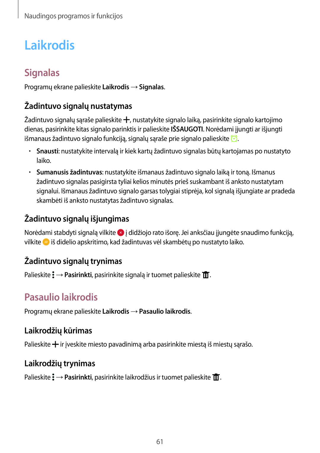 Samsung SM-G388FDSASEB manual Laikrodis, Signalas, Pasaulio laikrodis 