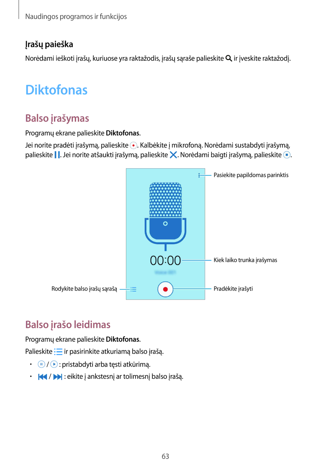 Samsung SM-G388FDSASEB manual Diktofonas, Balso įrašymas, Balso įrašo leidimas, Įrašų paieška 