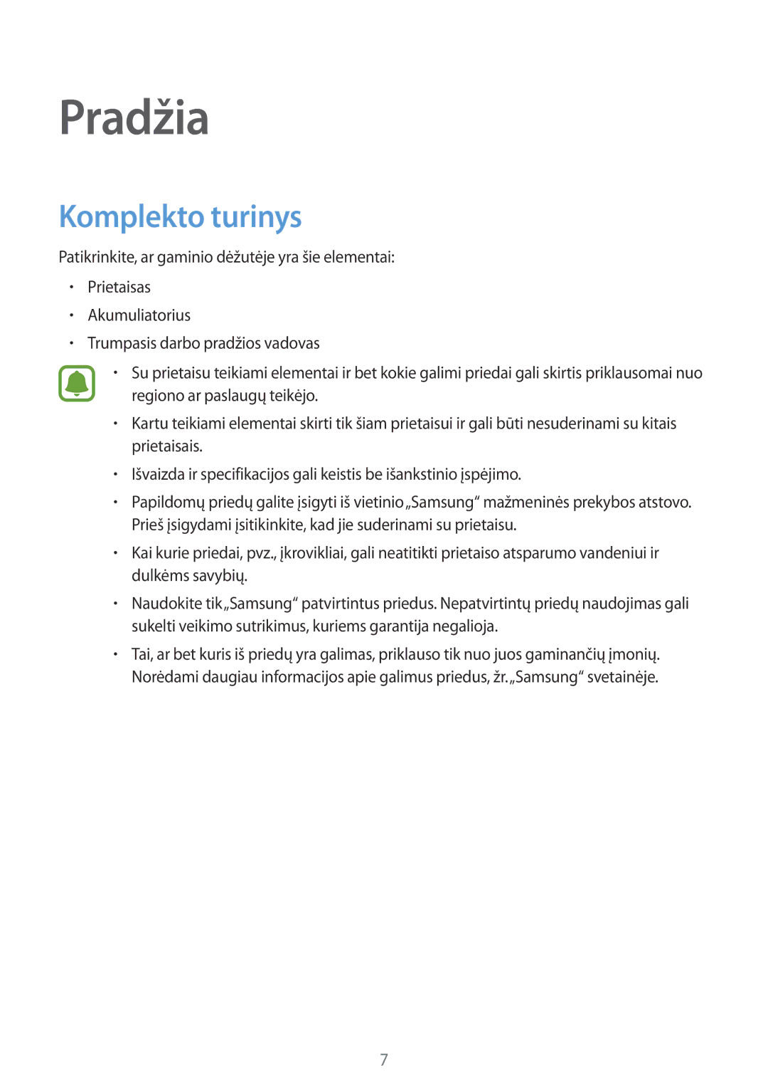 Samsung SM-G388FDSASEB manual Pradžia, Komplekto turinys 