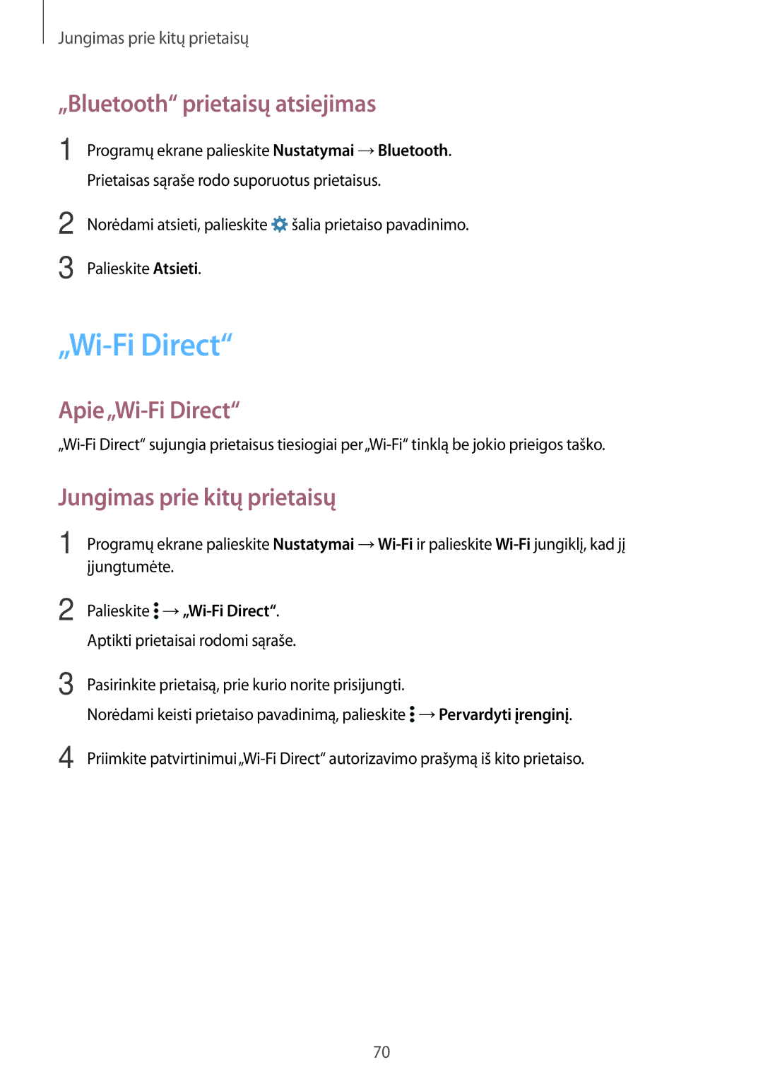 Samsung SM-G388FDSASEB manual „Bluetooth prietaisų atsiejimas, Apie„Wi-Fi Direct, Jungimas prie kitų prietaisų 