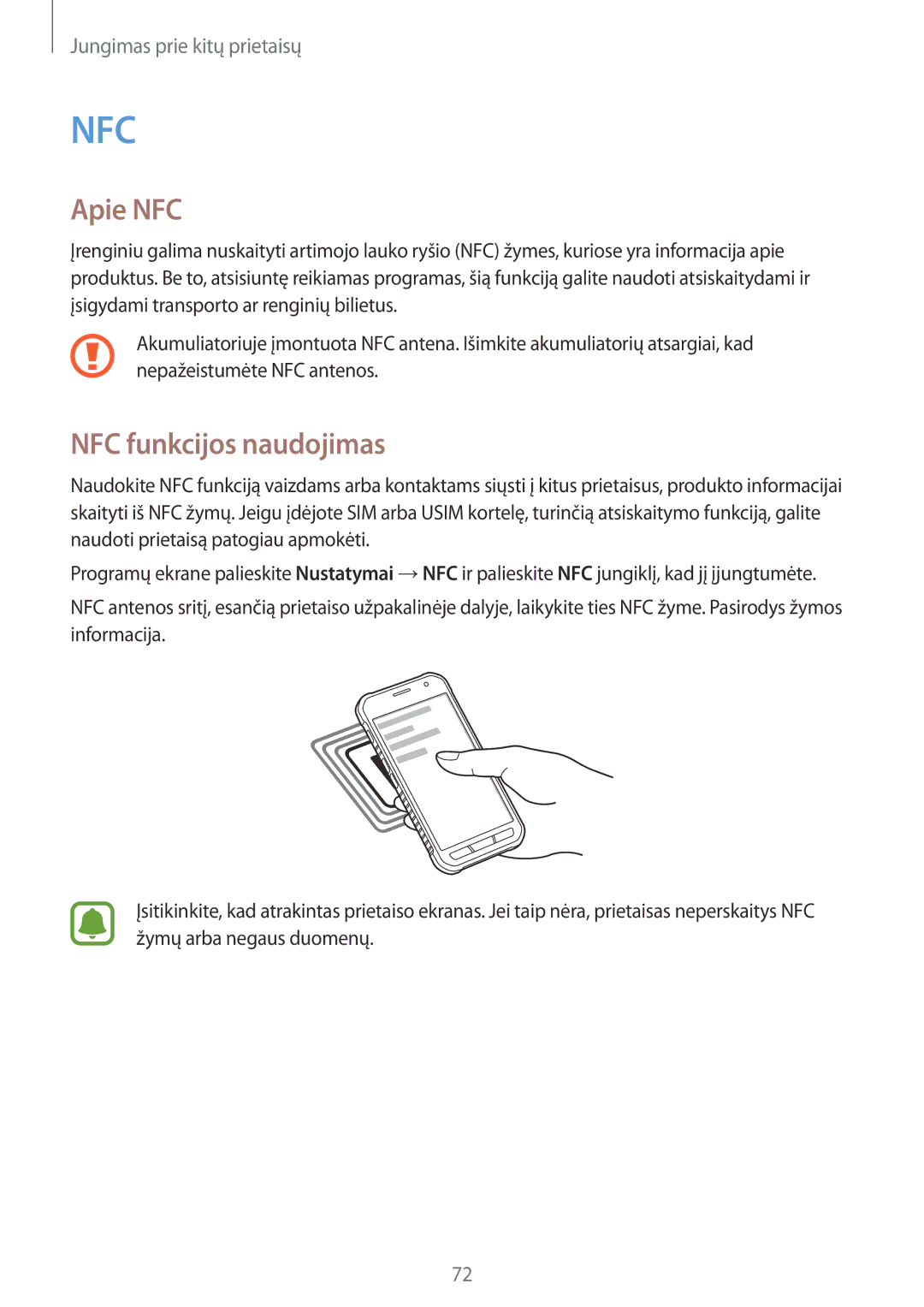 Samsung SM-G388FDSASEB manual Apie NFC, NFC funkcijos naudojimas 